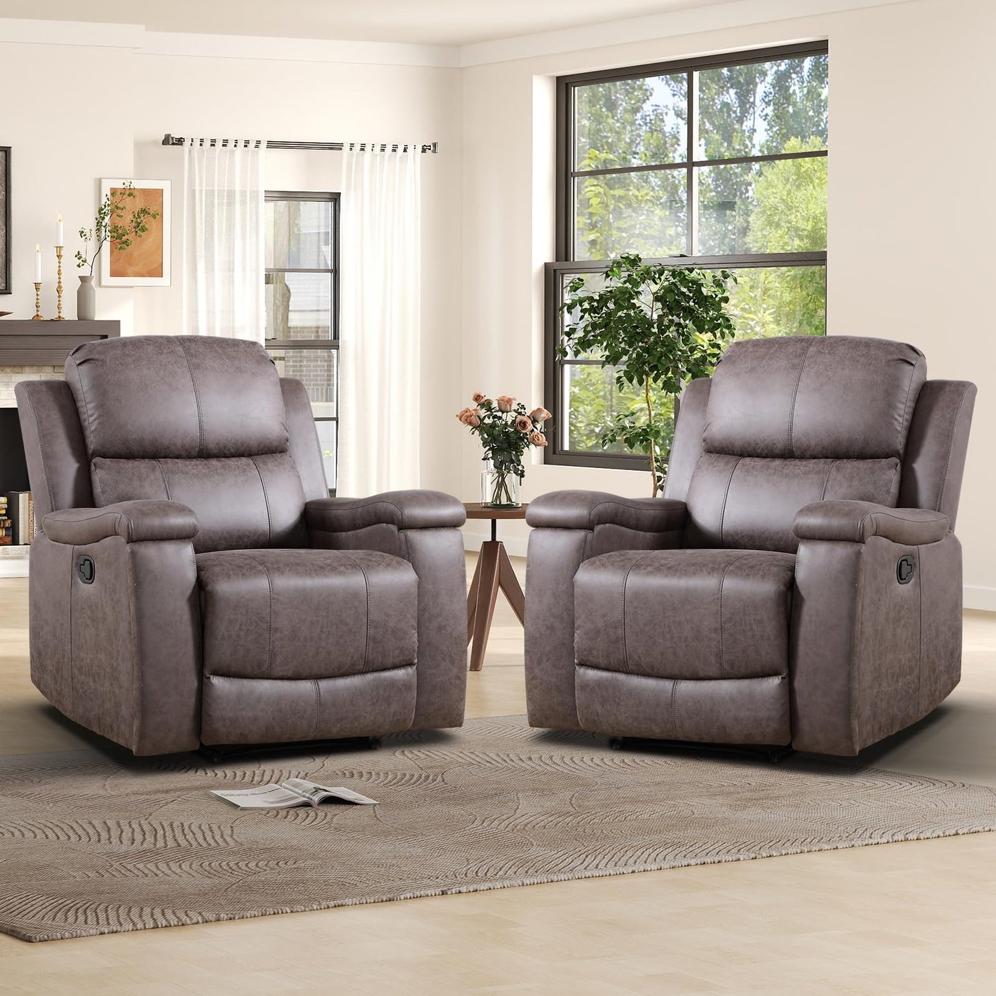 IOMOR Leather Recliner Chair, Manual Recliner Chair for Adults with Overstuffed Arms and Back, Single Sofa Recliner with Cup Holders for Living Room (1, Brown)