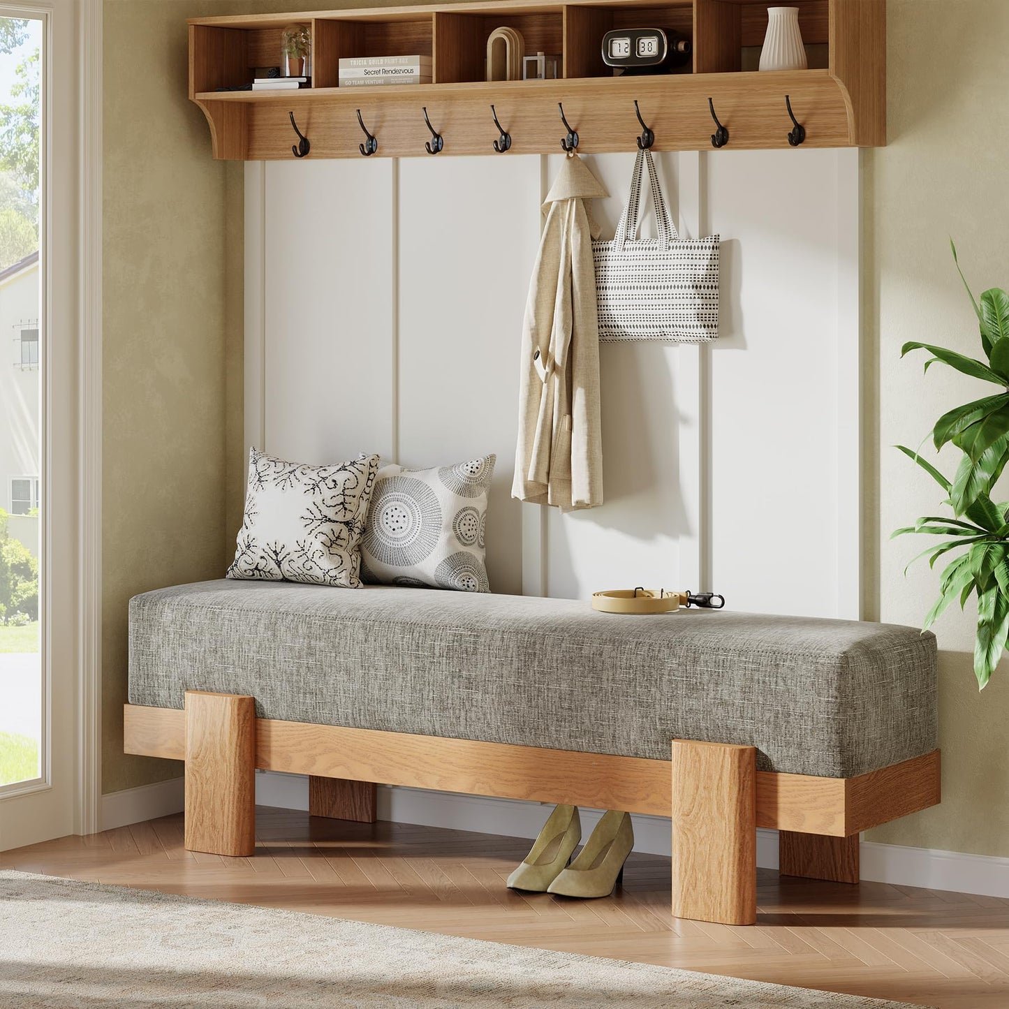 Tribesigns 55-Inch Upholstered Entryway Bench, Modern Shoe Bench with Ultra-Plush Thick Cushion and MDF Frame, End of Bed Stool Long Ottoman for Entrance, Living Room (Beige & Oak)
