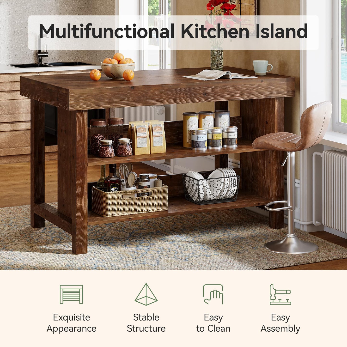 Solid Wood Large Kitchen Island, 3-Tier 55 Inch Stationary Center Island Table with Open Storage Shelves, Farmhouse Counter Height Coffee Bar for Kitchen, Dining Room, Living Room, Brown