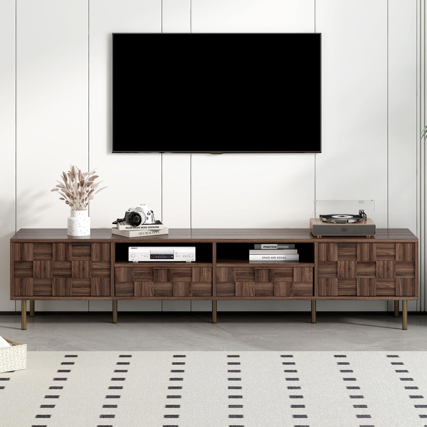 LKTART 67" Mid Century Modern TV Stand for 65/70/75/80" TVs,Entertainment Center with Sliding Doors and Drawers,Media Console for Living Room
