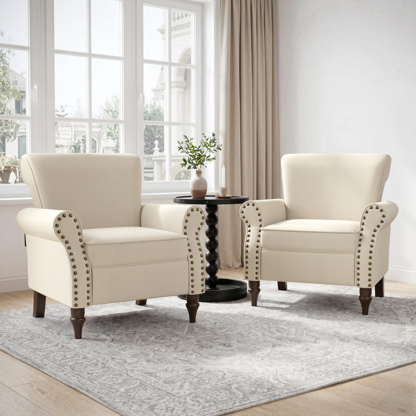 Wingback Accent Chairs Set of 2, Mid-Century Modern Upholstered Armchair Living Room Chair with Nailhead Trim & Rolled Armrest, Comfy Lounge Chair Single Sofa Chair for Bedroom, Light Blue