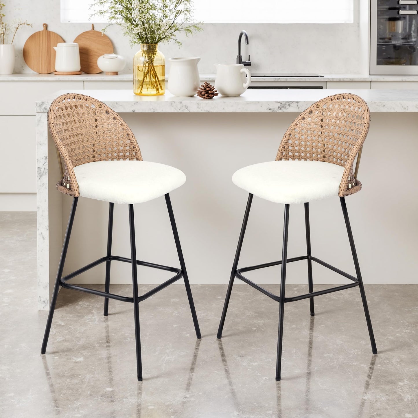 28.7" Swivel Bar Stools Set of 2, Mid Century Modern Counter Height Barstools with Rattan Backrest, Upholstered Chenille Armless Bar Chair Island Stools for Kitchen Island, Bar, Beige