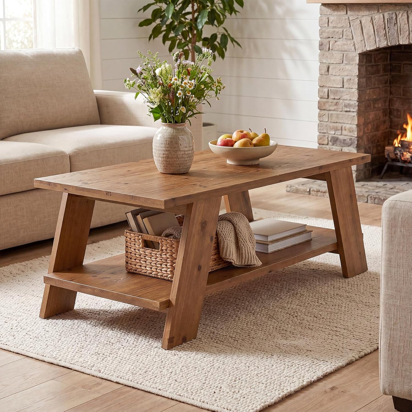 47-Inch Solid Wood Coffee Table for Living Room, 2-Tier Rectangle Center Table with Storage Shelf, Farmhouse Rustic Living Room Furniture, Brown