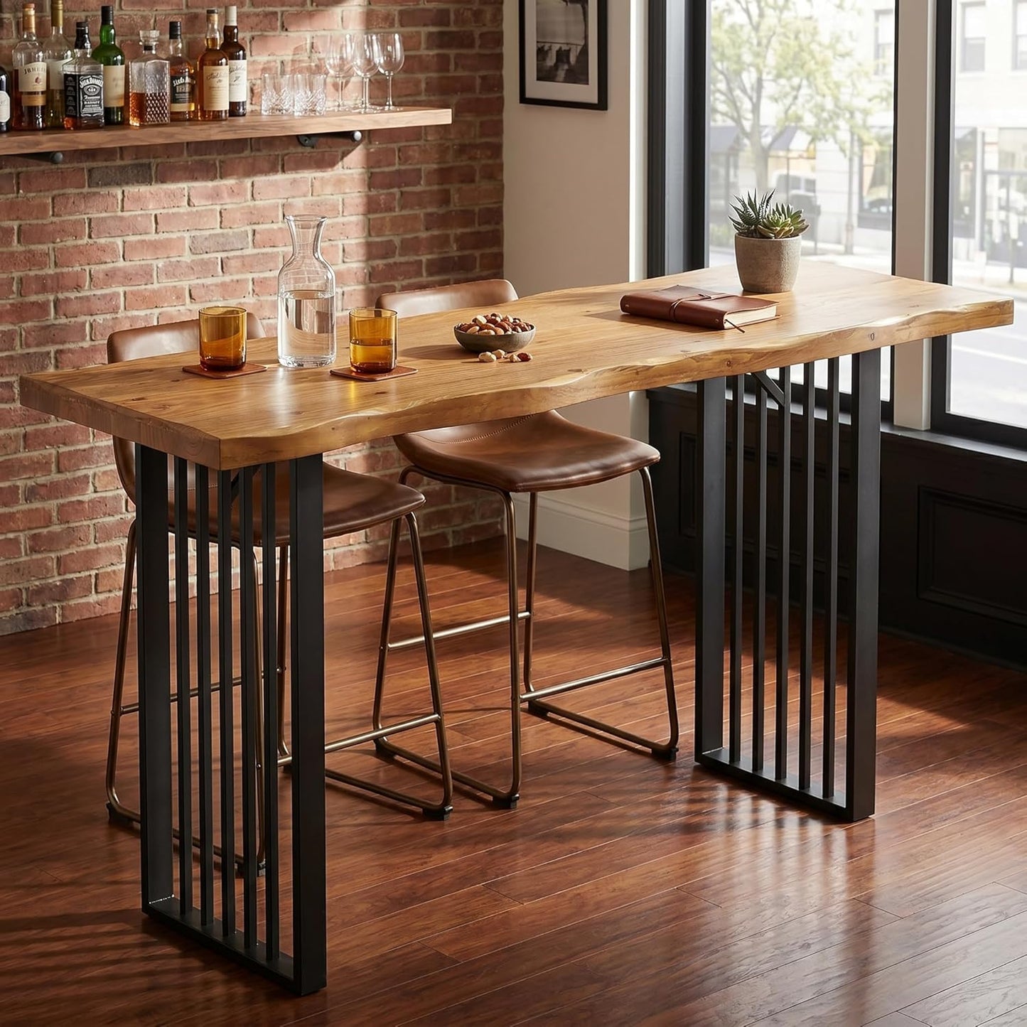 63-Inch Long Bar Table, Solid Wood Pub Table with Metal Legs, Industrial Rectangular High Top Bar Unit for Home Bar, Kitchen, Dining Room, Bistro