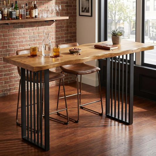 63-Inch Long Bar Table, Solid Wood Pub Table with Metal Legs, Industrial Rectangular High Top Bar Unit for Home Bar, Kitchen, Dining Room, Bistro