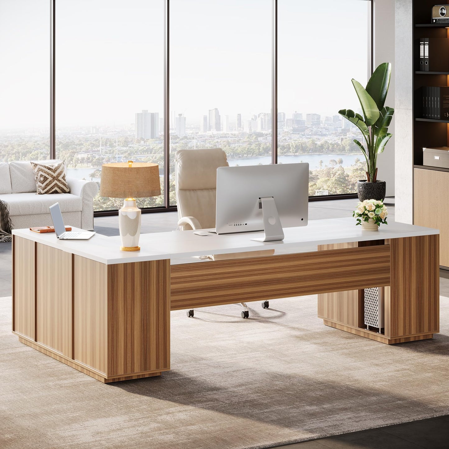Tribesigns 85.8-Inch L-Shaped Executive Desk with File Drawers, Door Cabinet & Shelves, Extra Large Commercial Office Desk, Modern Professional Office Table, Business Furniture, Warm Brown & Black