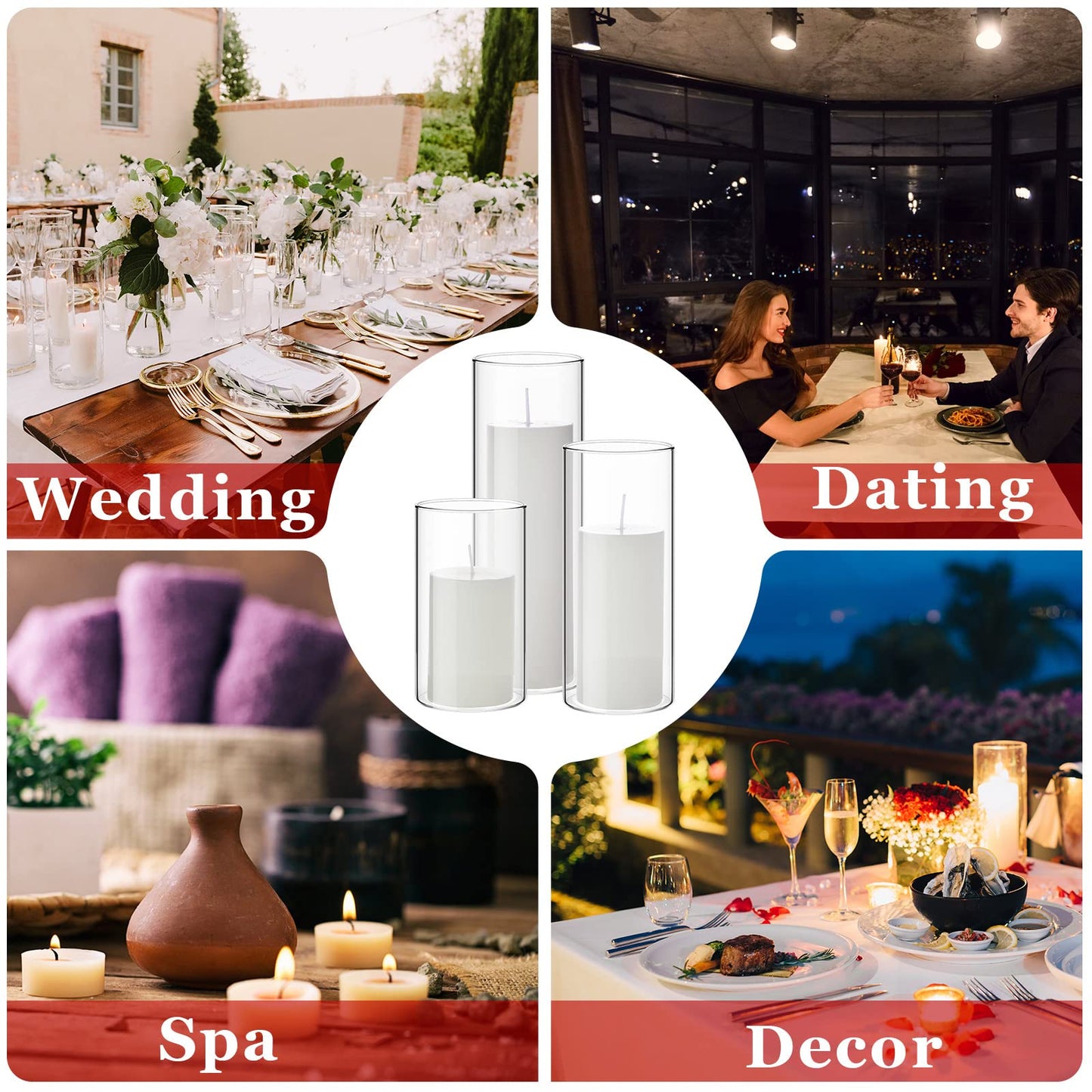 Shihanee Set of 3 Pillar Candles and 3 Glass Cylinder Candle Vases Holders Clear Pillar Jars for Wedding Centerpieces(3'' x 5.9'', 7.9'', 9.8'',Ivory White)