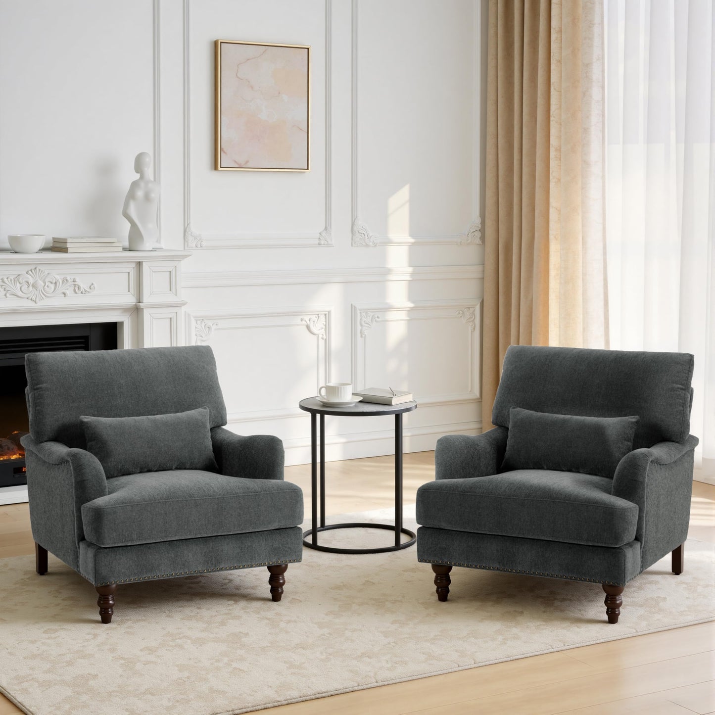 Accent Chair for Living Room, Upholstered Armchair with Nailhead Trim & Solid Wood Legs, Mid Century Modern Club Chair for Bedroom/Reading Room, Rococo Green