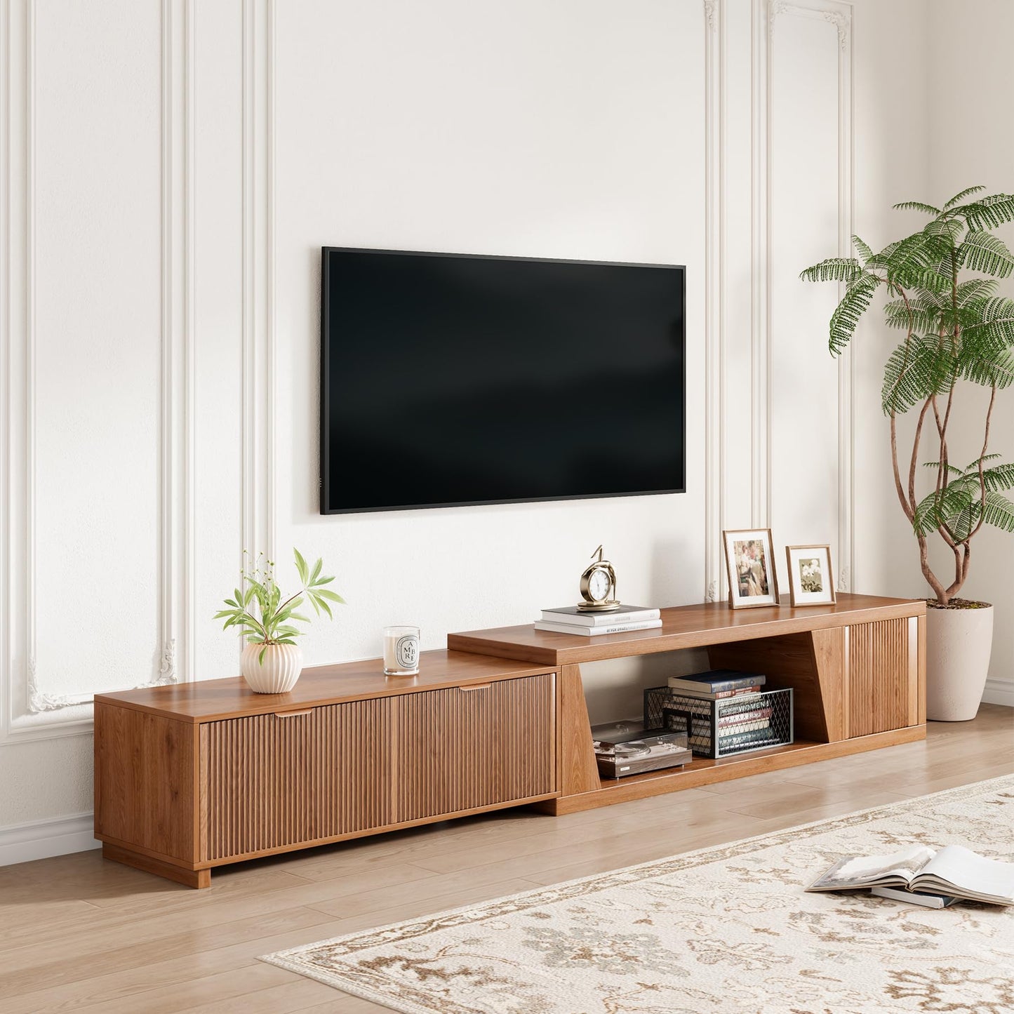Epecoya 98 Inch Extendable TV Stands for Living Room, Wooden Extra Long TV Stand with Adjustable Shelf and Drawers, Fluted TV Console with Storage Cabinet, Warm Brown Oak (64.57" W-98.43" W)