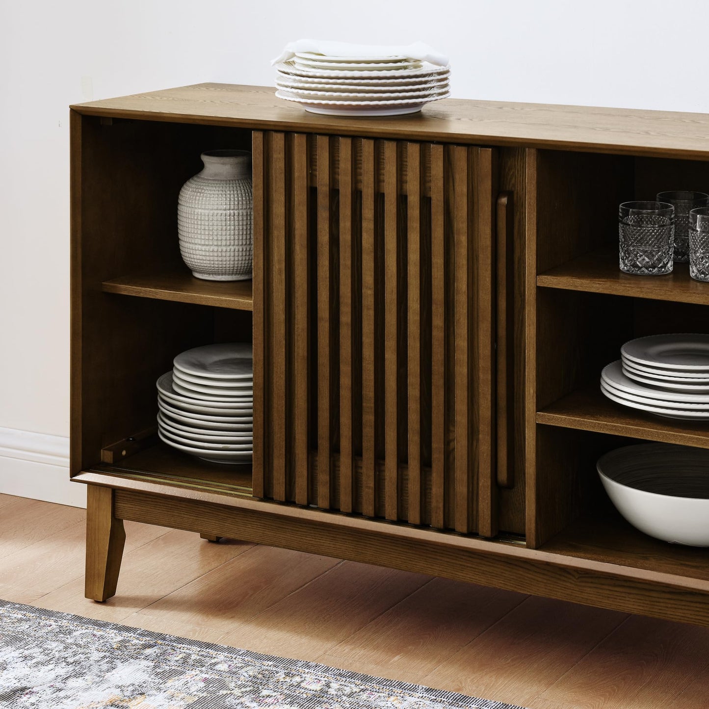 LKTART 63" Rattan Sideboard Buffet Cabinet,Kitchen Storage Cabinet,Wood Coffee Bars with 4 Doors & Open Storage Shelves,Mid Century Modern Credenza Console Table for Living Room,Walnut