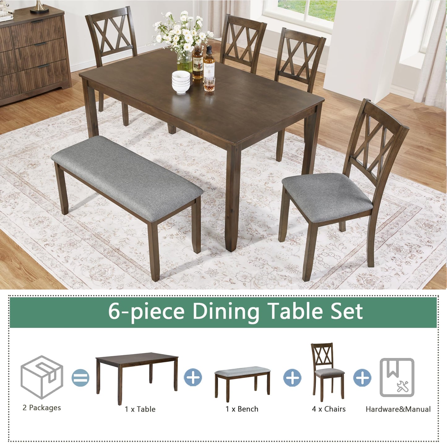 LKTART 6 Piece Kitchen Dining Set, 58.5" Rectangular Wooden Dinner Table with 4 Upholstered Chairs and a Bench for Living Room, Home Bar and Kitchen, Walnut