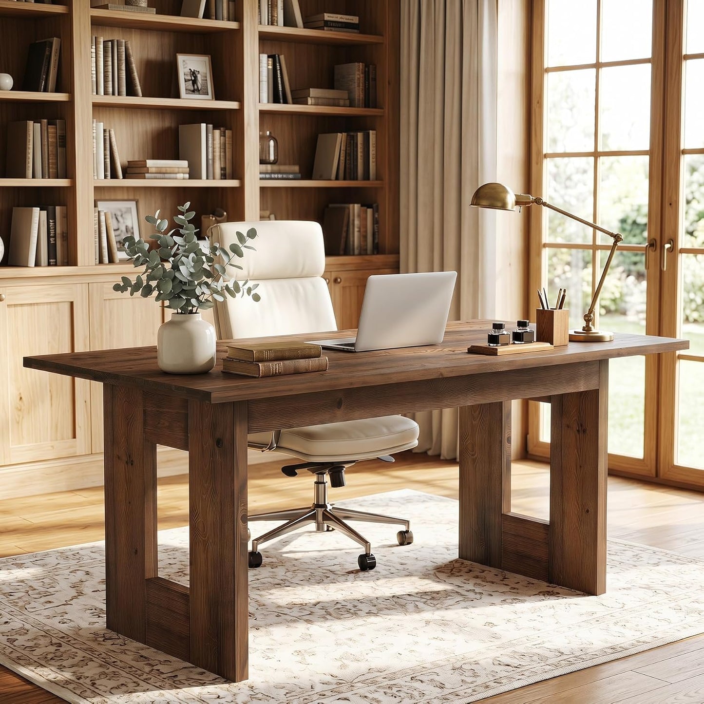 63-Inch Solid Wood Computer Desk, Rustic Rectangular Office Desk, Heavy Duty Writing Workstation with Sturdy Frame, Multi-Purpose Study Table for Home Office, Workplace, Brown