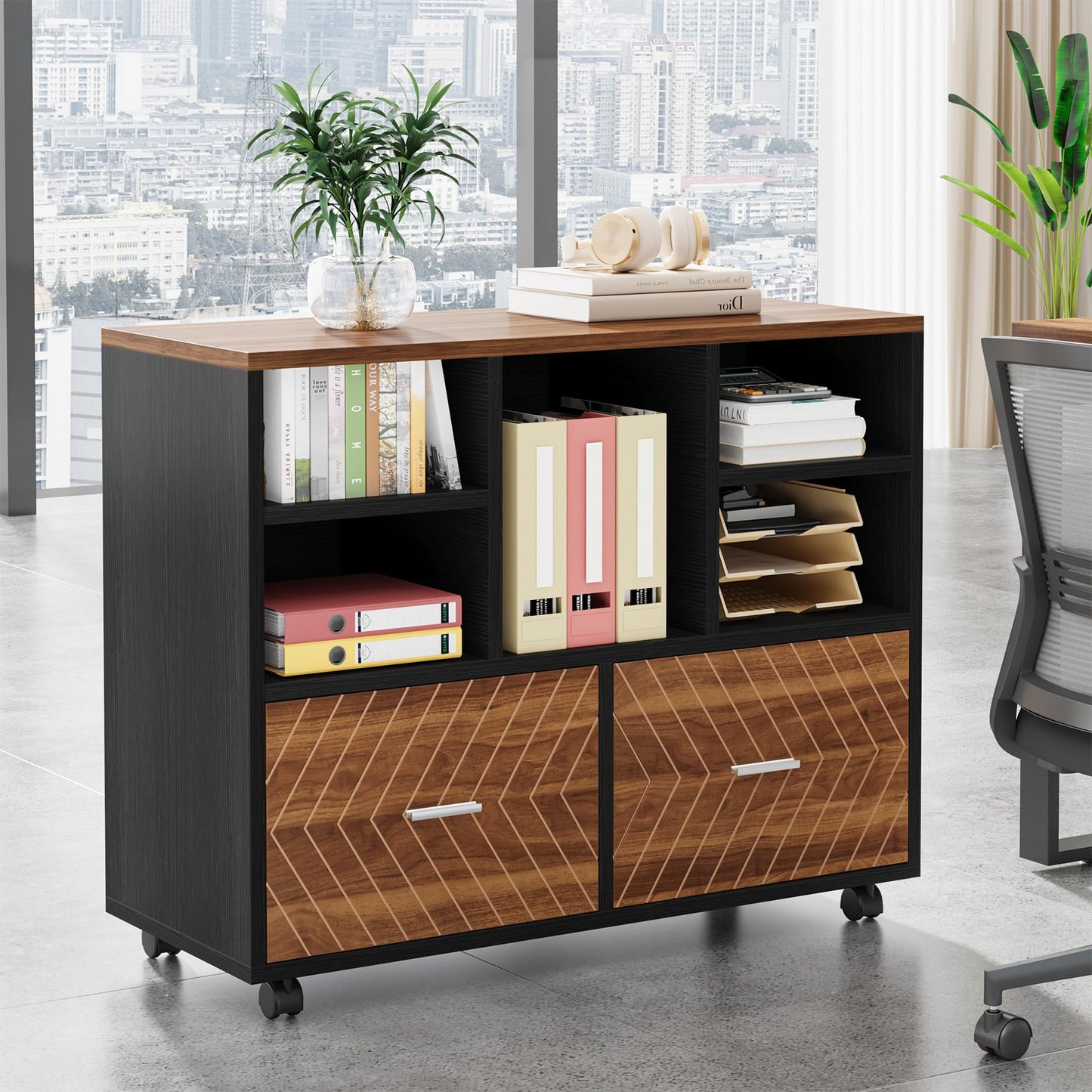 Tribesigns 2-Drawer Wood File Cabinet, Mobile Lateral Filing Cabinet for Hanging Letter Size Files, Printer Stand with Open Storage Shelves for Home Office (Oak Karo & White)