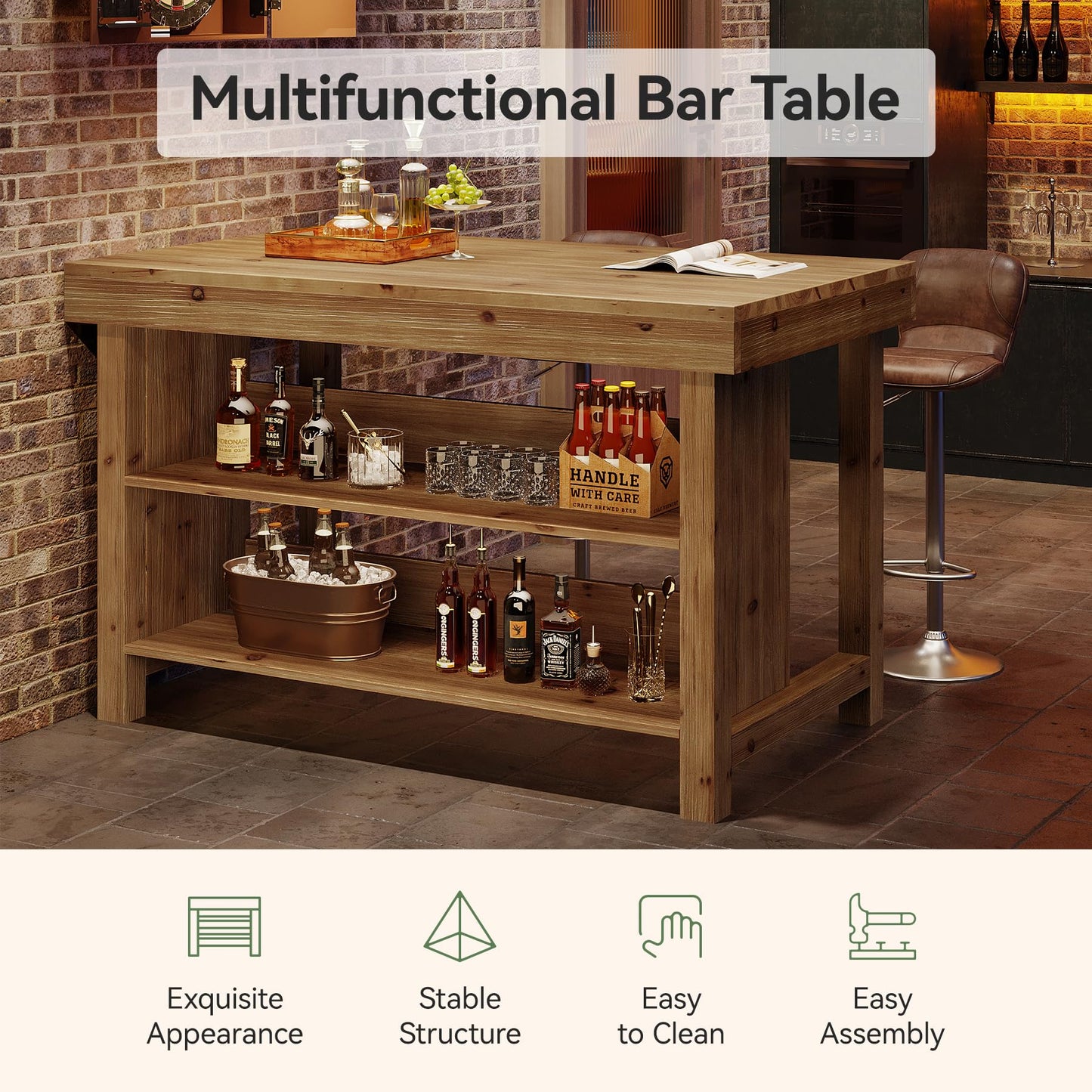 Solid Wood 55-Inch Bar Table, 3-Tier Farmhouse Home Bar Unit with Open Storage Shelves, Rectangular Counter Height Pub Dining Table for Kitchen, Dining Room, Living Room, Basement, Brown