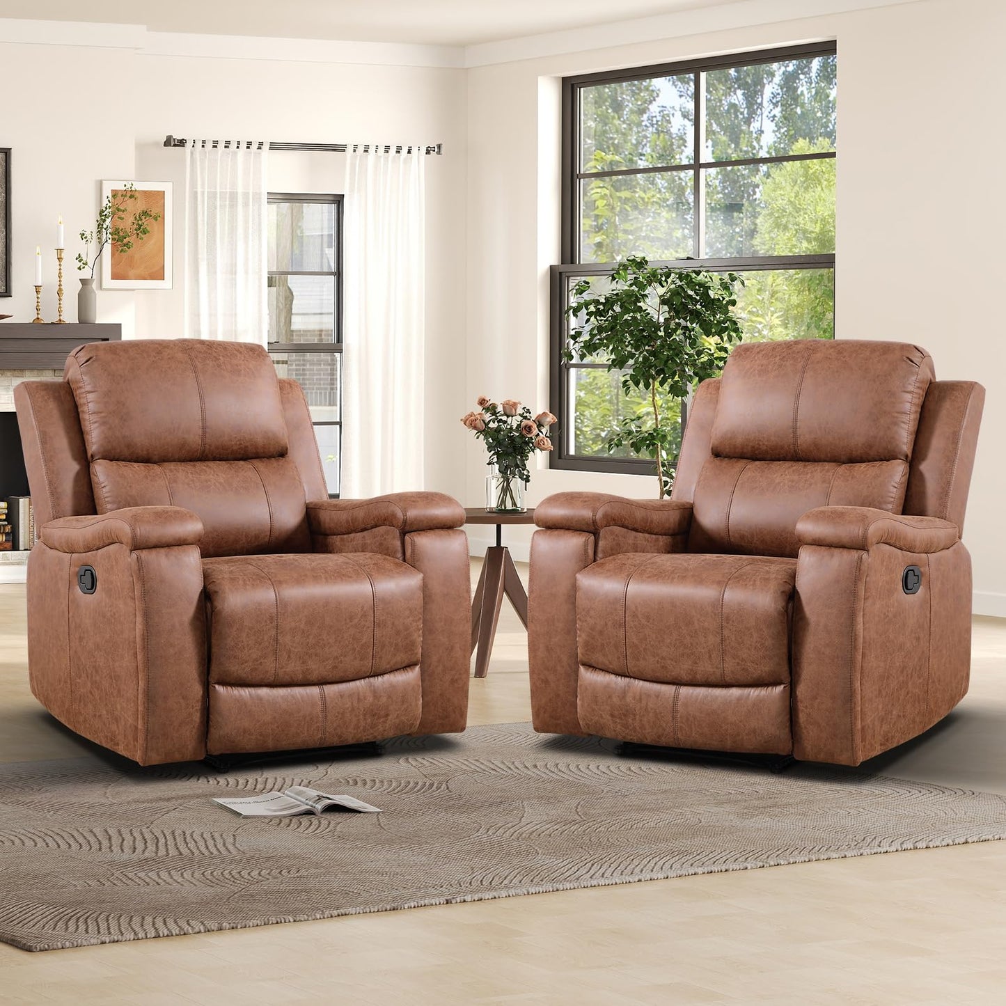 IOMOR Leather Recliner Chair, Manual Recliner Chair for Adults with Overstuffed Arms and Back, Single Sofa Recliner with Cup Holders for Living Room (1, Brown)