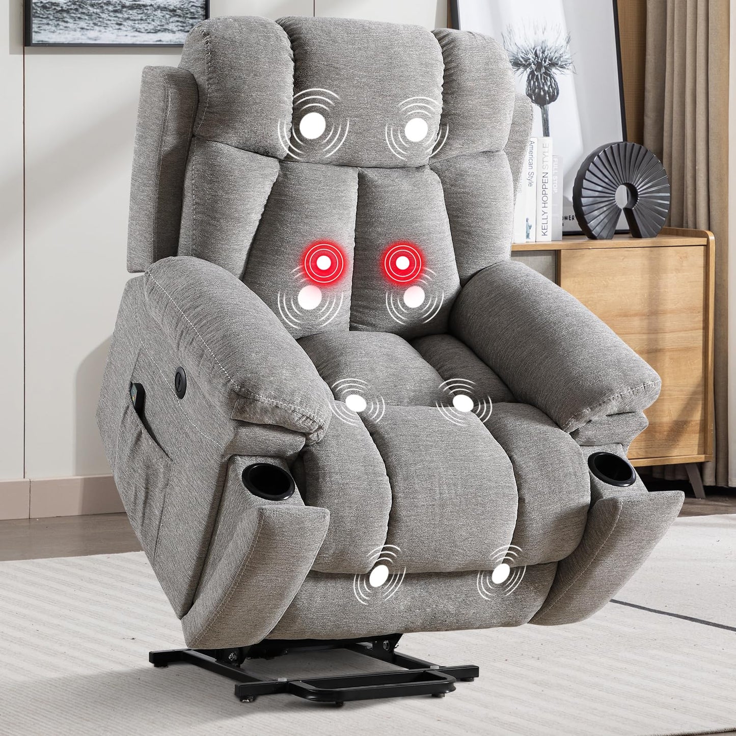 IOMOR Large Power Lift Recliner Chair for Elderly with Massage and Heat, Electric Lift Recliner Single Sofa with with 2 Cup Holders, Side Pocket & USB Charge Port for Living Room (1, Dark Gray)