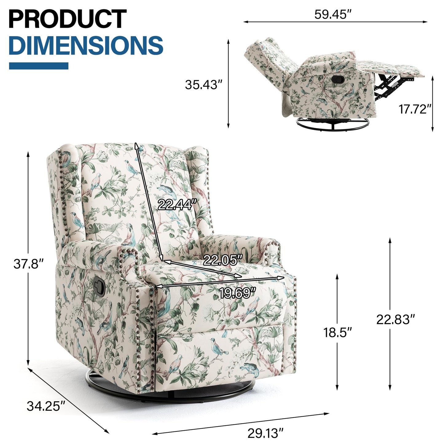 Swivel Rocker Recliner Chair, 360° Swivel Wingback Recliner Chairs for Adults, Upholstered Printed Fabric Glider Rocking Chair with High Back, Deep Seat for Living Romm Bedroom, Bird