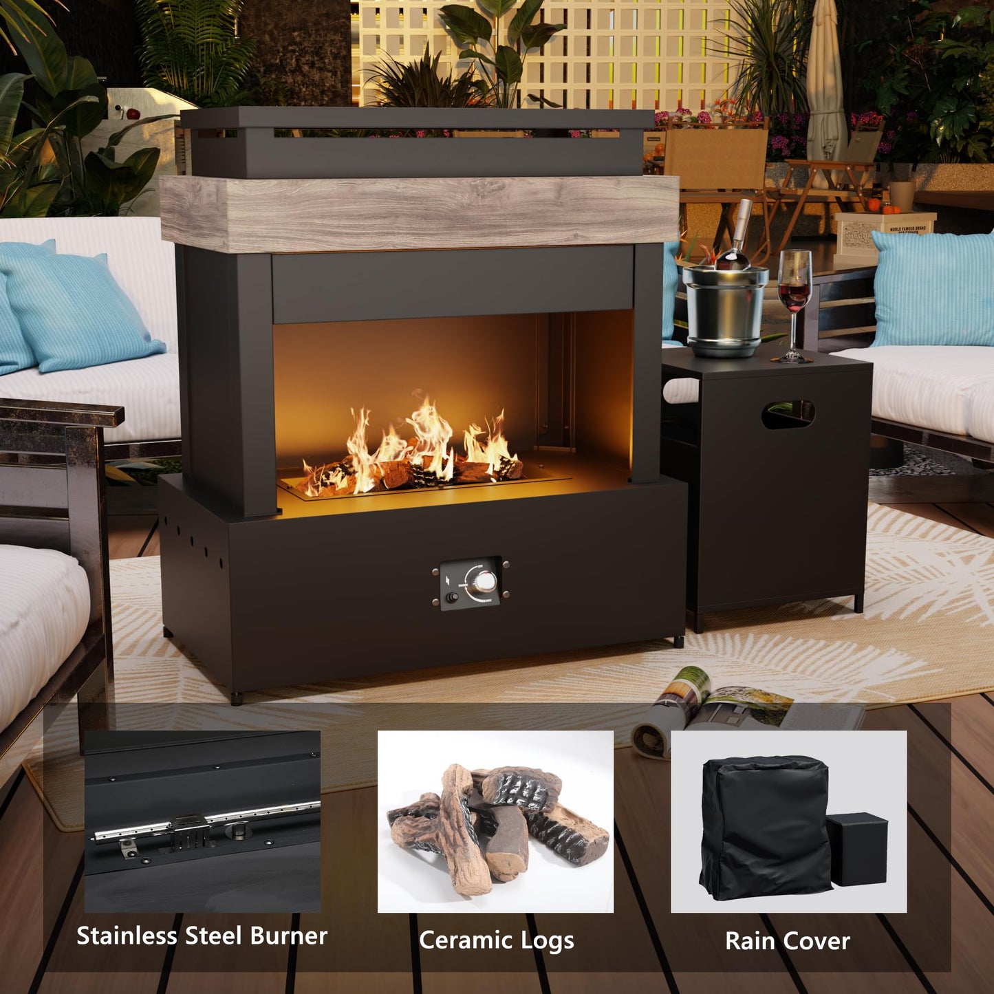 47.3''x35.5'' Outdoor Propane Fireplace, 50,000 BTU Vent-Free Gas Heater, CSA Certified Grey & Black Weather-Resistant Steel, Realistic Ceramic Logs, Rain Cover Included