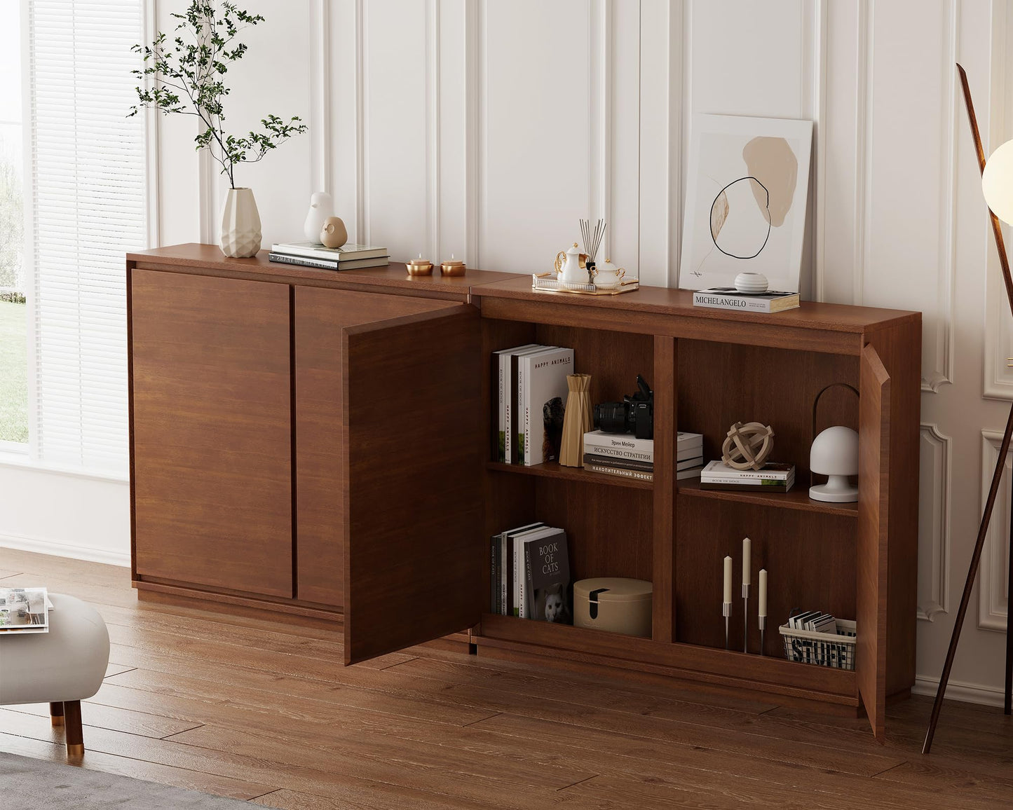 LKTART 39" Mid Century Modern Sideboard Buffet Cabinet, Narrow Credenza Storage Cabinet,Media Console Coffee Bar Table for Living Room,Entryway,Kitchen,Walnut