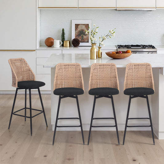 28.7" Swivel Bar Stools Set of 2, Mid Century Modern Counter Height Barstools with Rattan Backrest, Upholstered Chenille Armless Bar Chair Island Stools for Kitchen Island, Bar, Beige