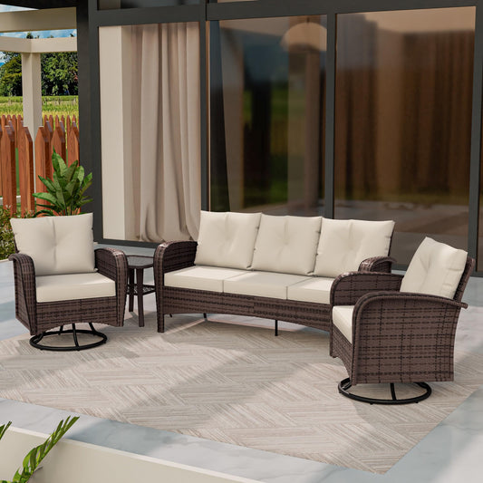 4 Piece Patio Conversation Set - 2 Swivel Chairs 1 Coffee Table 3-Seater Sofa, PE Wicker & Steel Patio Furniture with Heavy-Duty Steel Frame,Weatherproof Cushions, Red