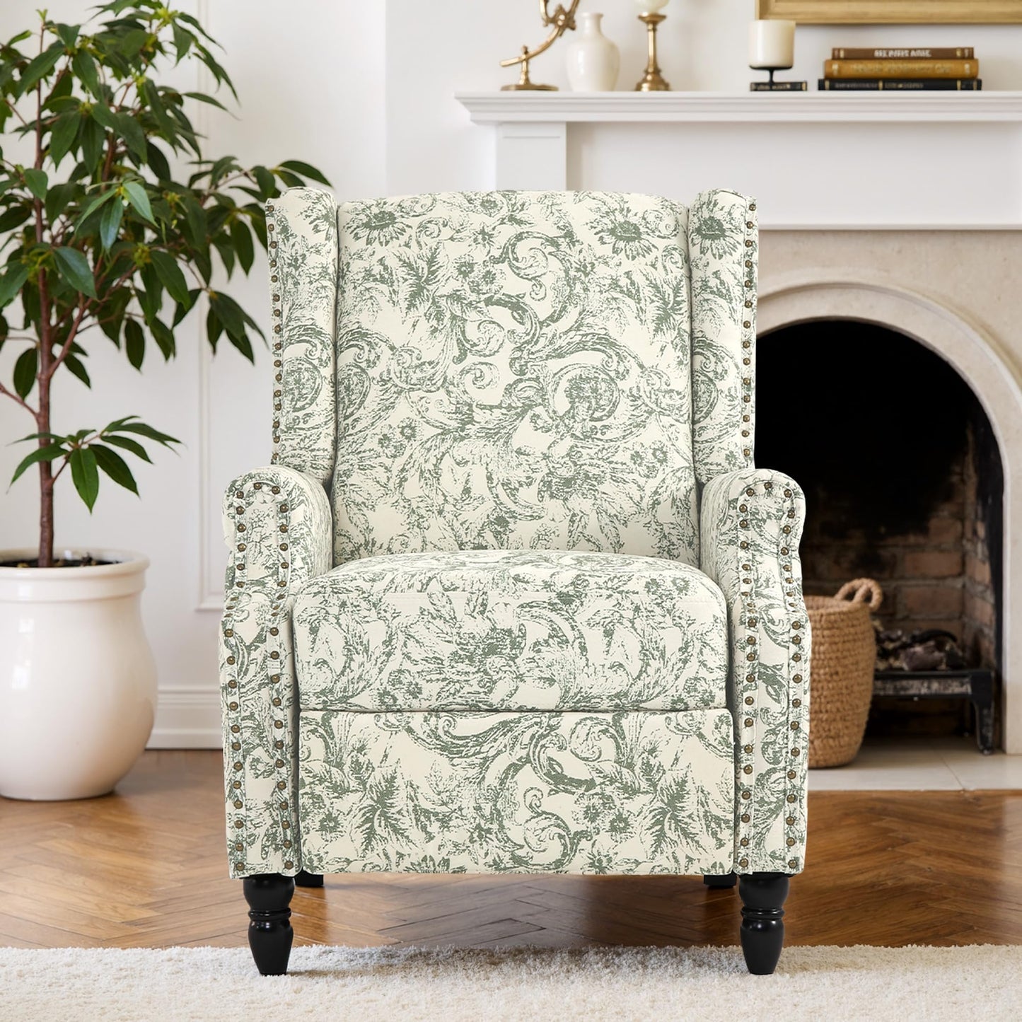 Pushback Recliner Chair, Printed Fabric Wingback Recliner Chair for Living Room, Upholstered Armchair Push Back Recliner with Wood Legs, Rivet Trim Wingback Accent Chair for Bedroom, Navy