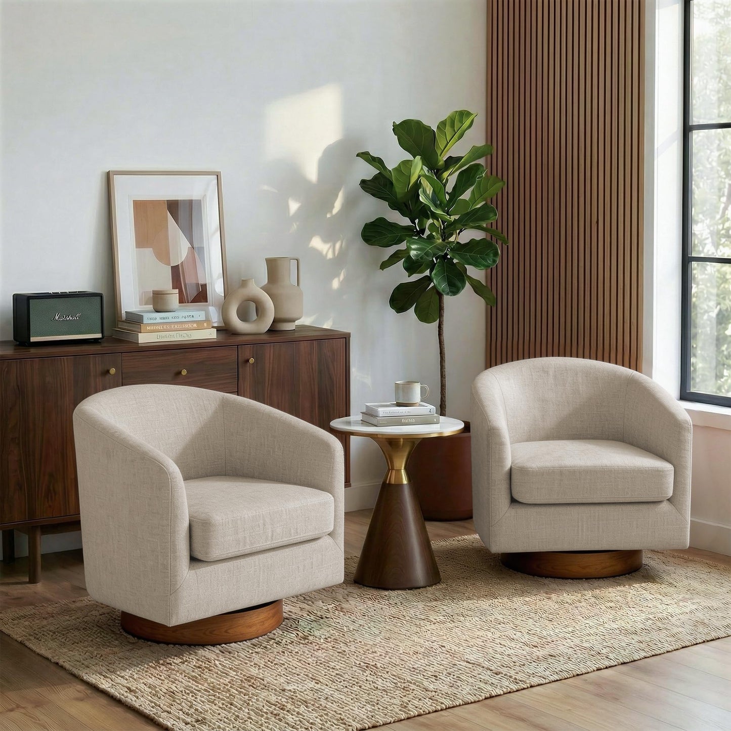 Swivel Barrel Chairs Set of 2, 31" W Modern Faux Leather Round Swivel Accent Chair for Living Room, 360° Rotation Upholstered Armchair Club Chair for Bedroom, Reading Room, Office (Brown)
