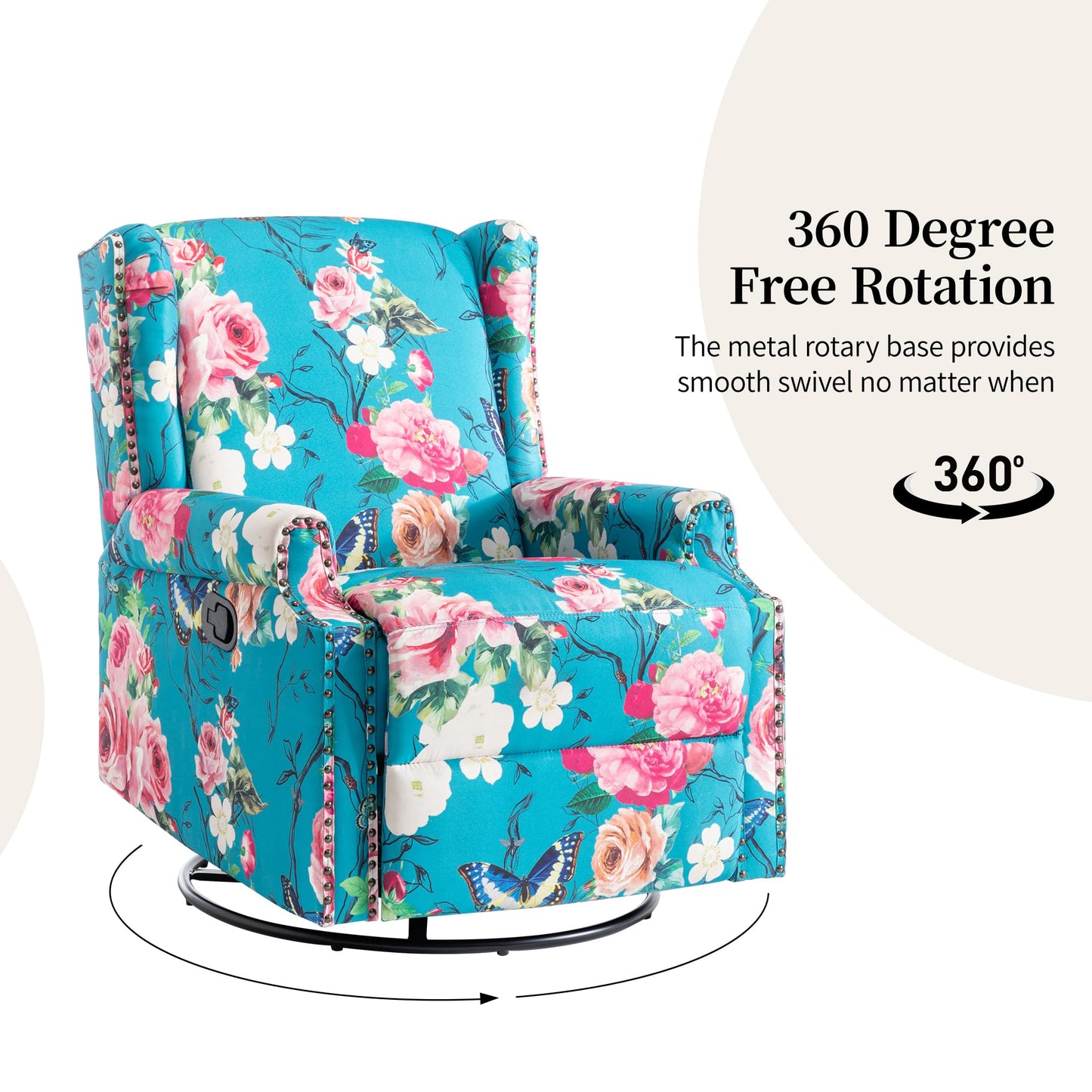 Swivel Rocker Recliner Chair, 360° Swivel Wingback Recliner Chairs for Adults, Upholstered Printed Fabric Glider Rocking Chair with High Back, Deep Seat for Living Romm Bedroom, Bird