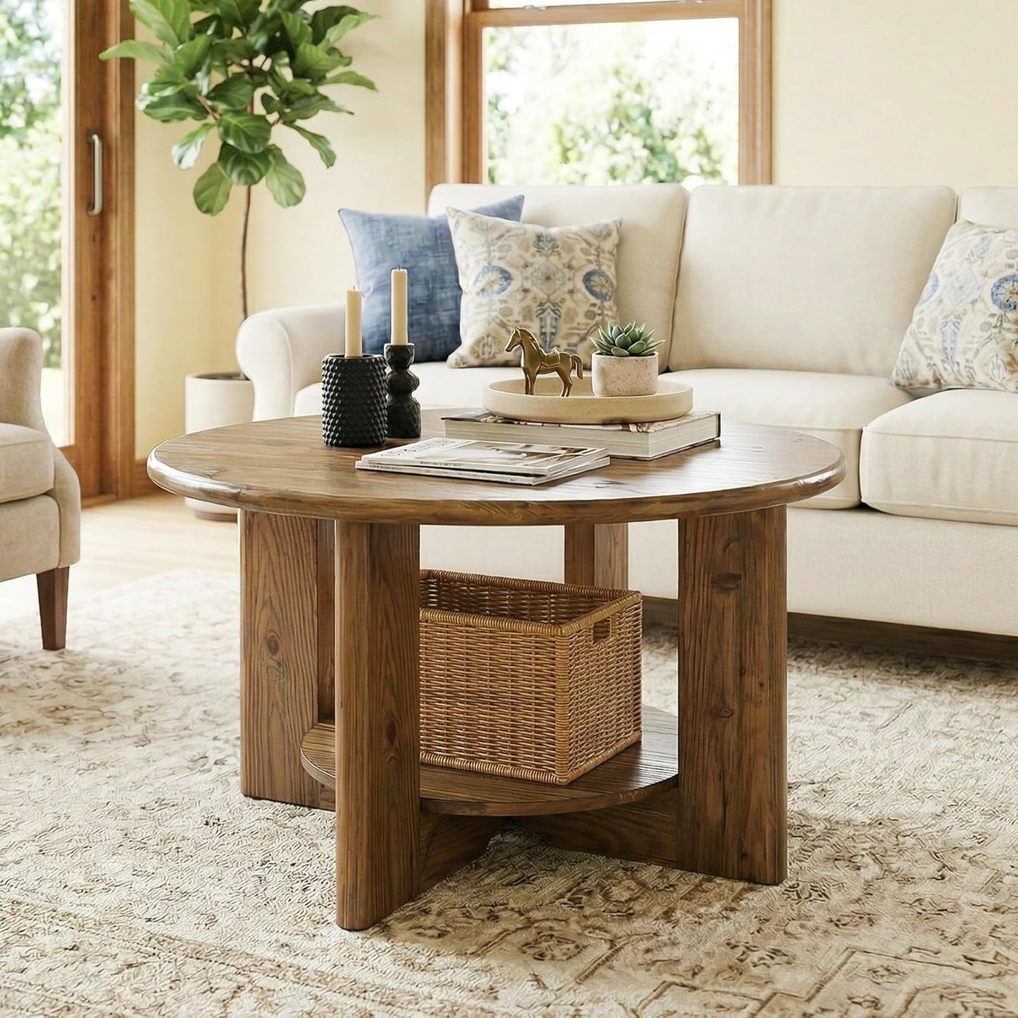 Solid Wood Round Coffee Table, 2-Tier Circle Coffee Table with Storage, Farmhouse Wood Accent Center Table for Living Room, Easy Assembly, Rustic Brown