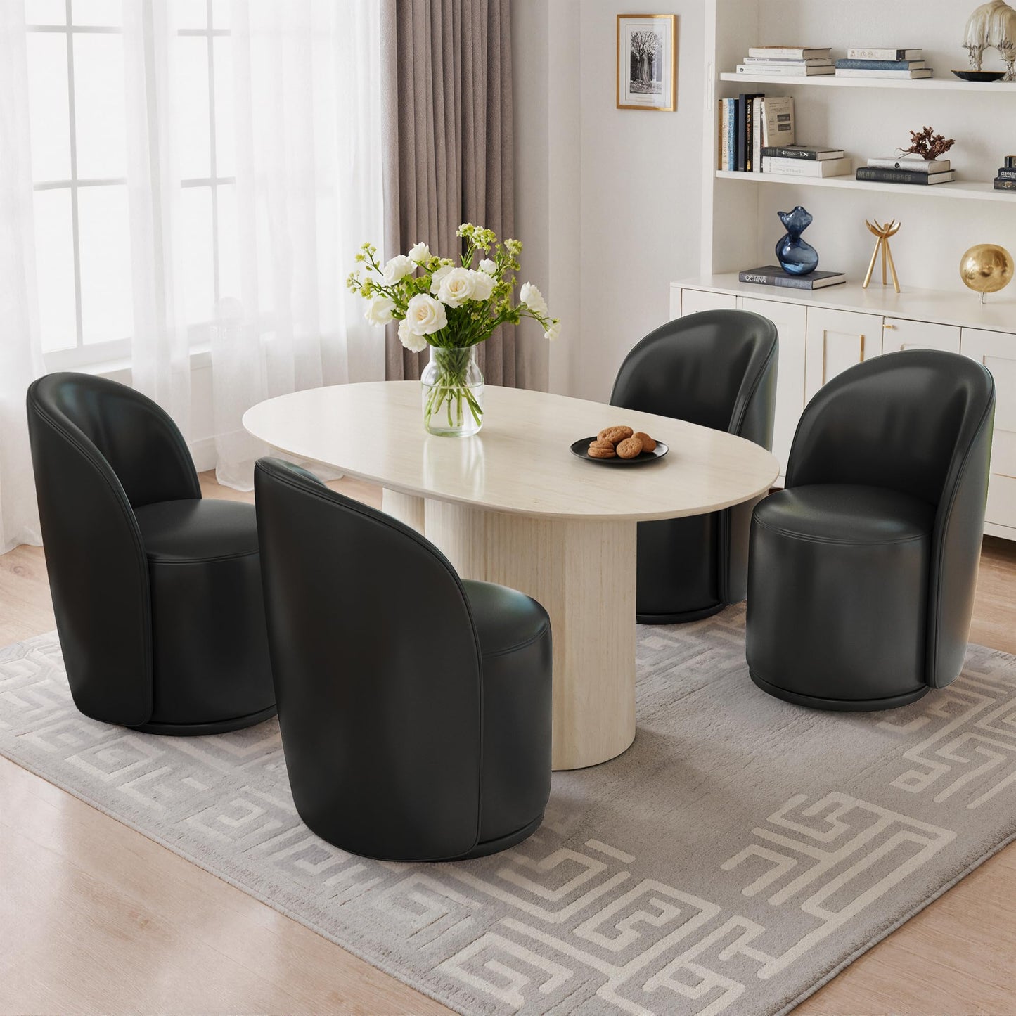 Swivel Barrel Dining Chairs Set of 2, Faux Leather Upholstered Round Dining Chairs, 360° Swivel Vanity Chair Comfy Armless Accent Makeup Chair for Dining/Living Room Makeup Room, Brown