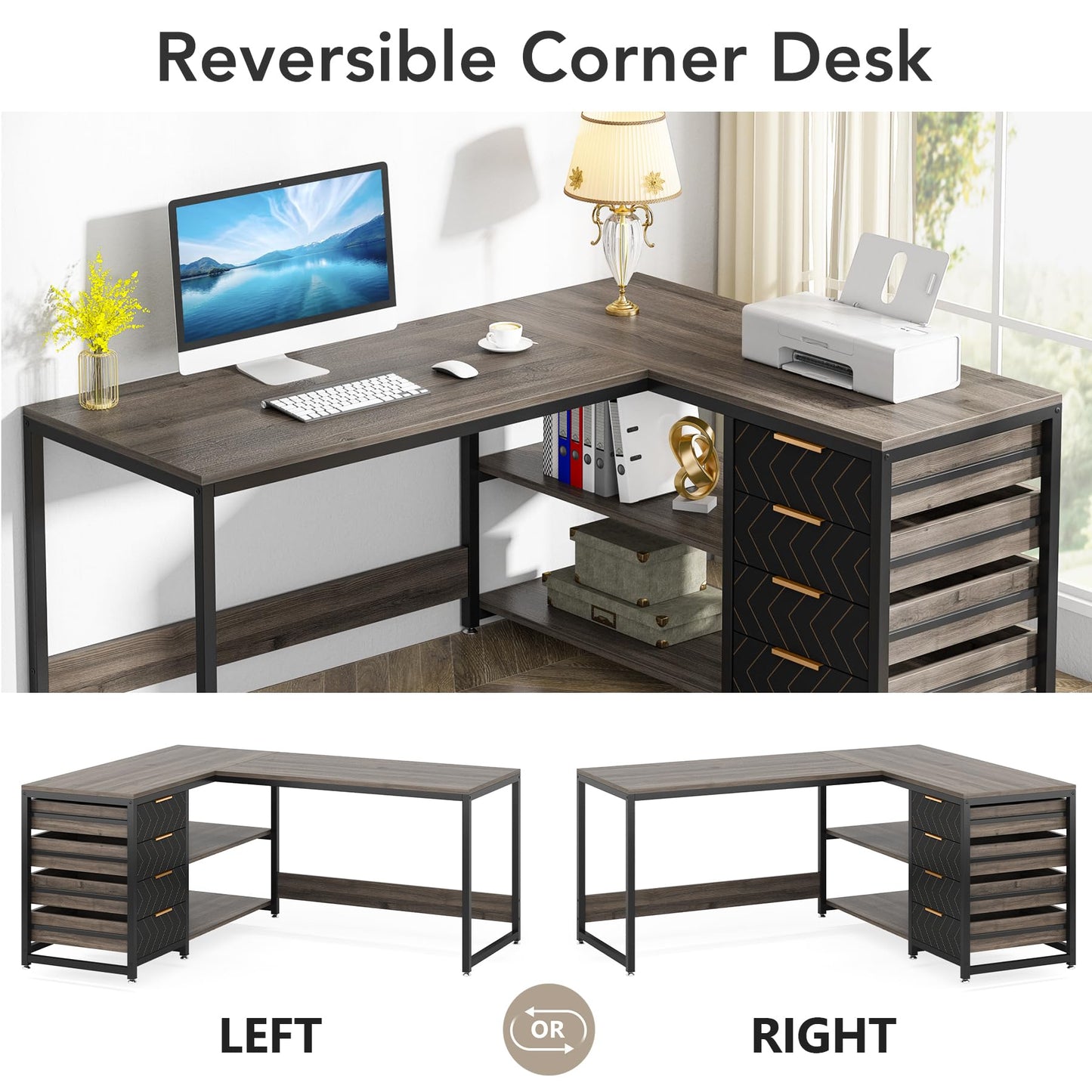 Tribesigns L Shaped Computer Desk with Storage Drawers, 59 inch Corner Desk with Shelves, Reversible L-Shaped Office Desk Study Writing Table Workstation for Home Office, Walnut & White