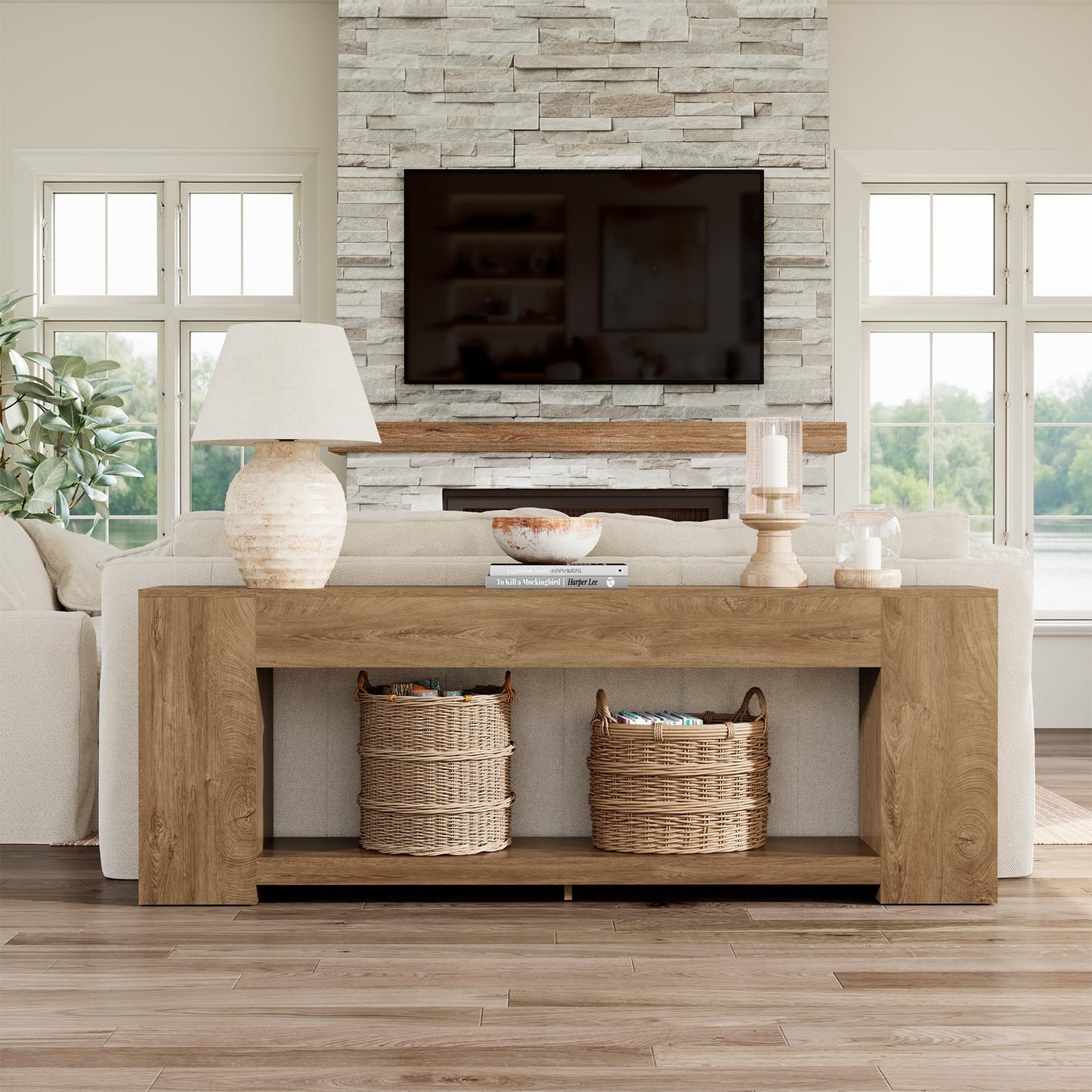 Epecoya 86-Inch Extra Long Console Table for Entryway, Farmhouse Sofa Table Behind Couch Wooden, 2-Tier Entry Console Tables with Storage for Entrance, Living Room, Natural Oak Brown
