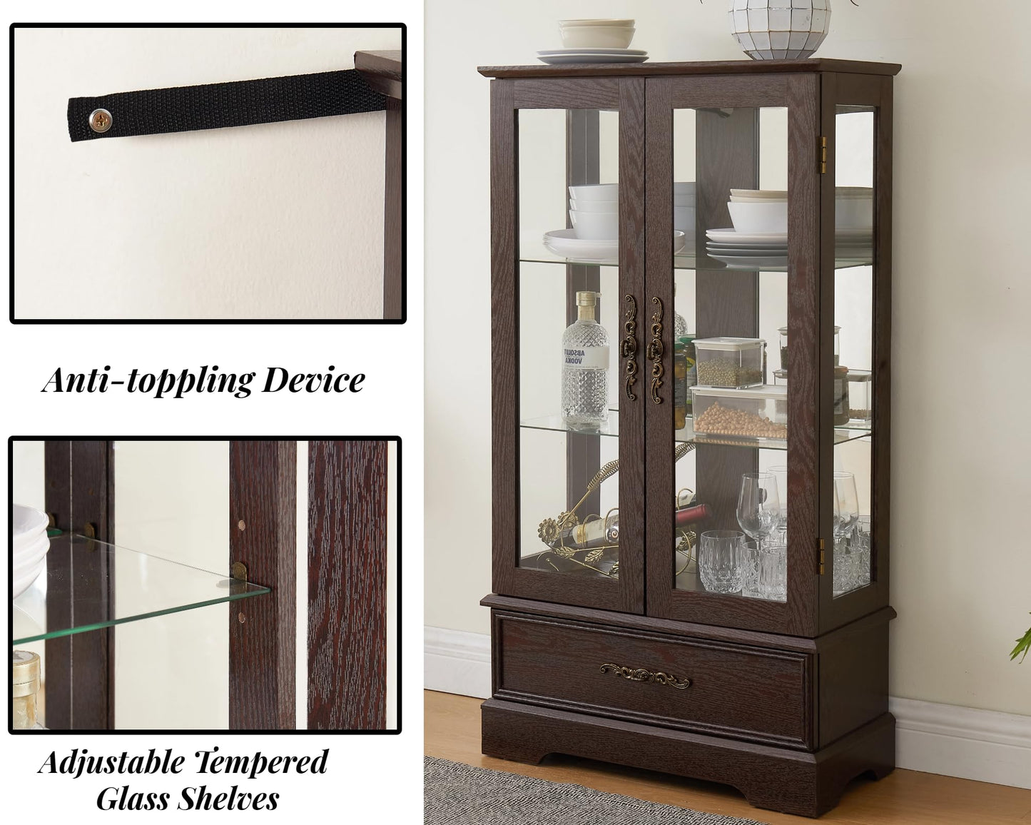 LKTART Curio Glass Display Cabinet,Storage Cabinet with Lights and Mirrored Back Panel,China Cabinet with Tempered Glass Doors and Shelves,Collectible Display Shelf,Included Bulb White