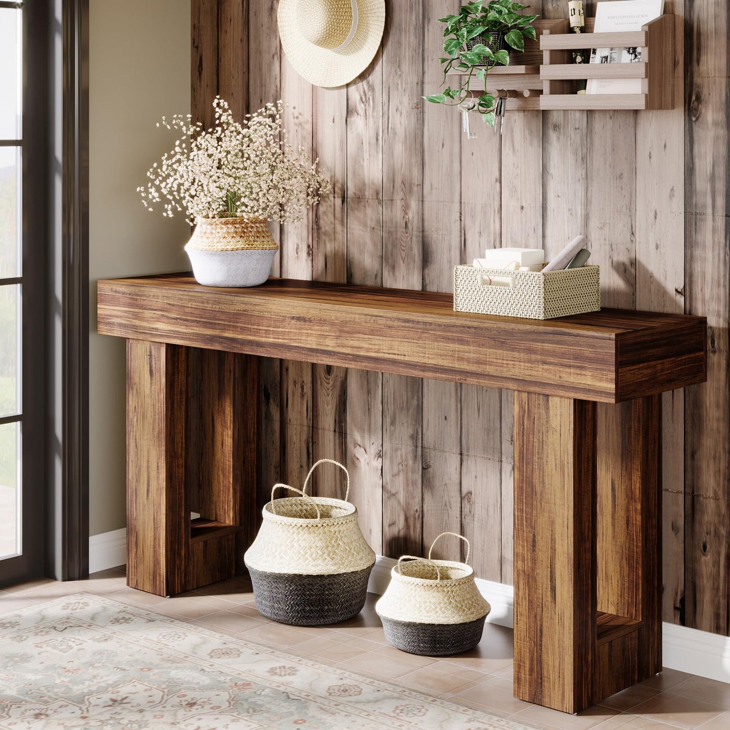 Tribesigns Farmhouse Console Table, 63-Inch Long Narrow Sofa Table Behind The Couch, Wooden Rectangular Entryway Table for Entrance, Hallway, Living Room (Natural)