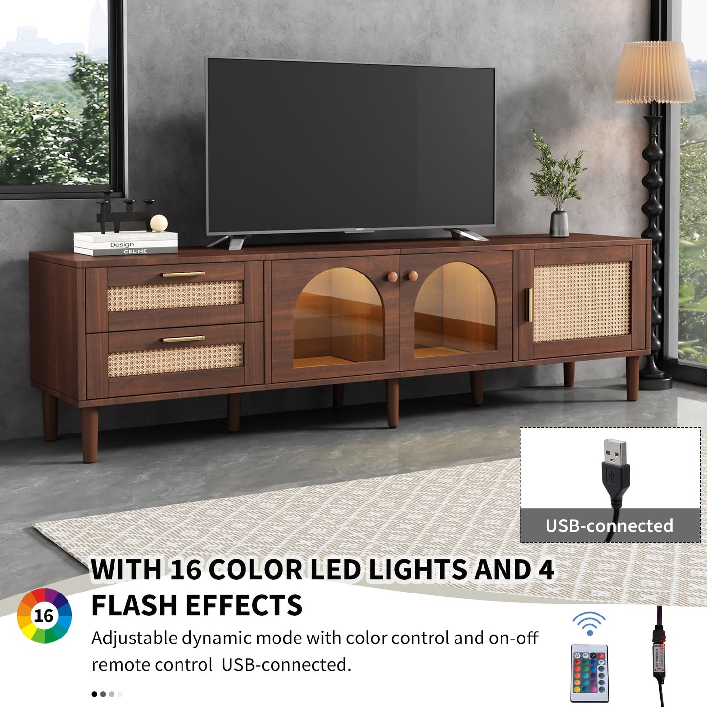 LKTART 67" Mid Century Modern TV Stand for 65/70/75/80" TVs,Entertainment Center with Sliding Doors and Drawers,Media Console for Living Room