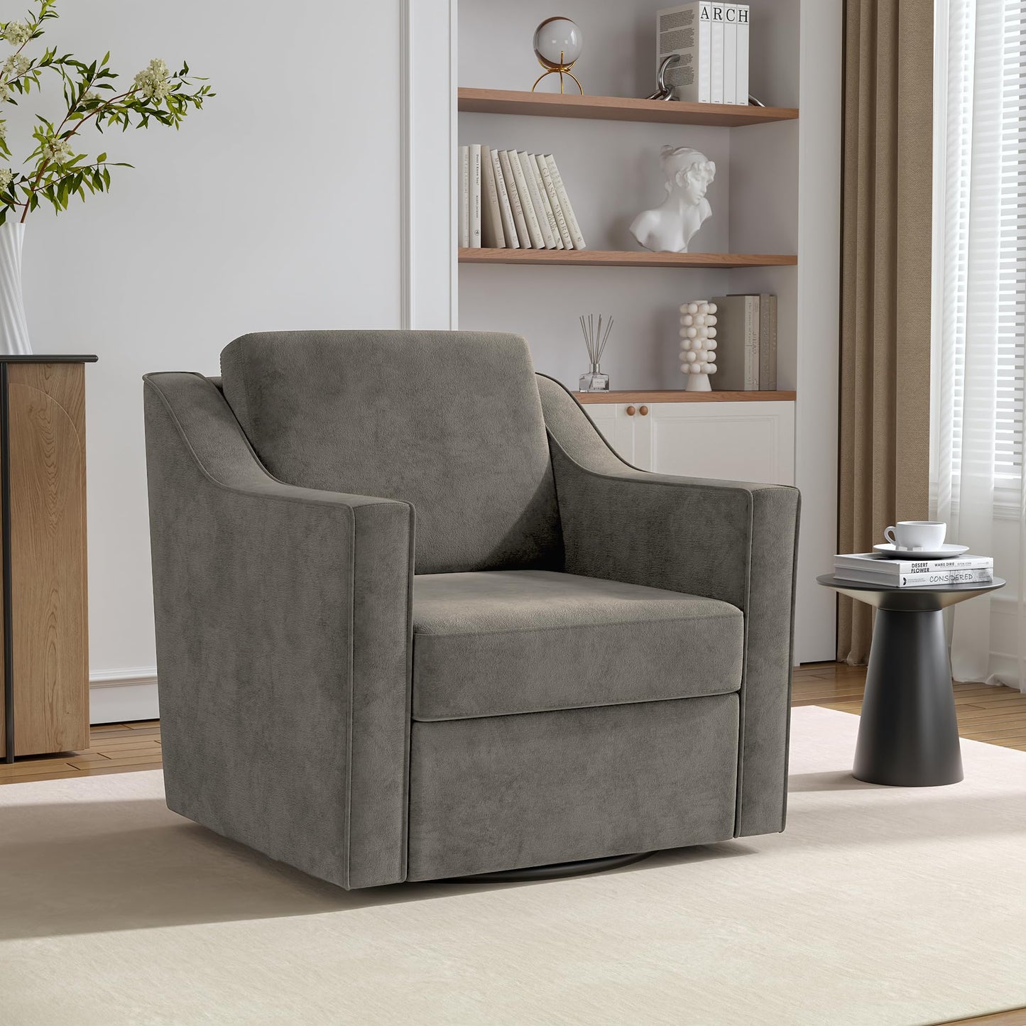 Swivel Accent Chairs Set of 2, 360° Swivel Upholstered Faux Leather Club Armchairs for Living Room, Comfy Single Sofa Reading Chair with Deep Seat, Metal Swivel Base, Coffee