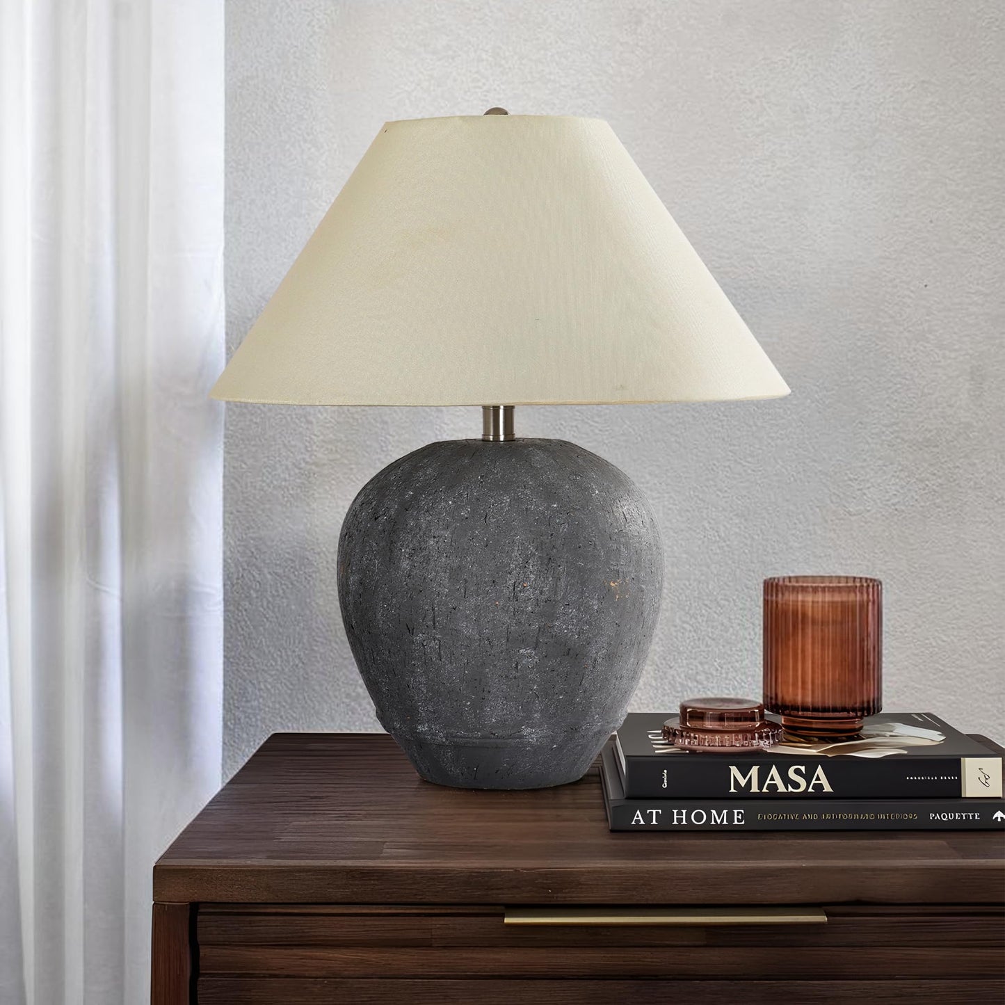 Farmhouse Ceramic Table Lamp, 21" Rustic Table Lamp with Linen Shade, 3-Way Dimmable Bedside Nightstand Lamps for Bedroom, Living Room, E26 Socket, Dark Grey