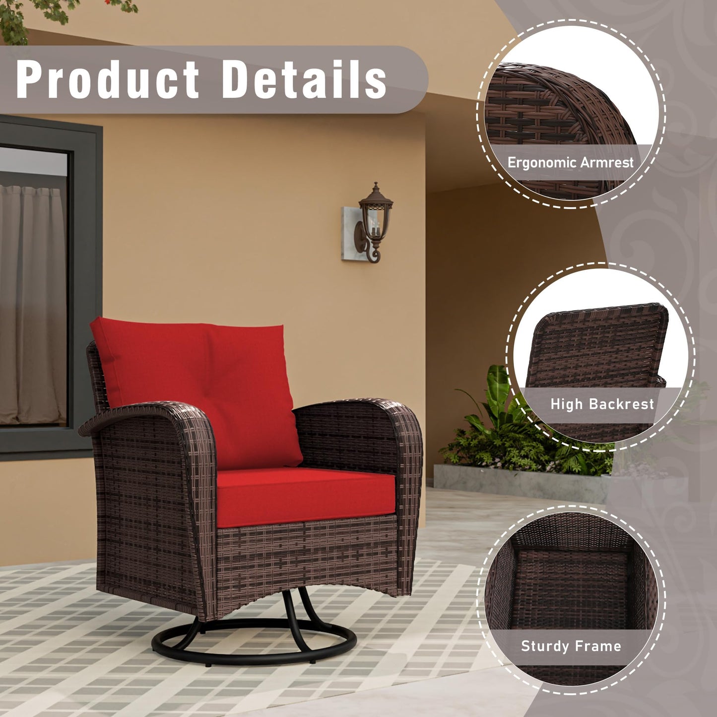 4 Piece Patio Conversation Set - 2 Swivel Chairs 1 Coffee Table 3-Seater Sofa, PE Wicker & Steel Patio Furniture with Heavy-Duty Steel Frame,Weatherproof Cushions, Red