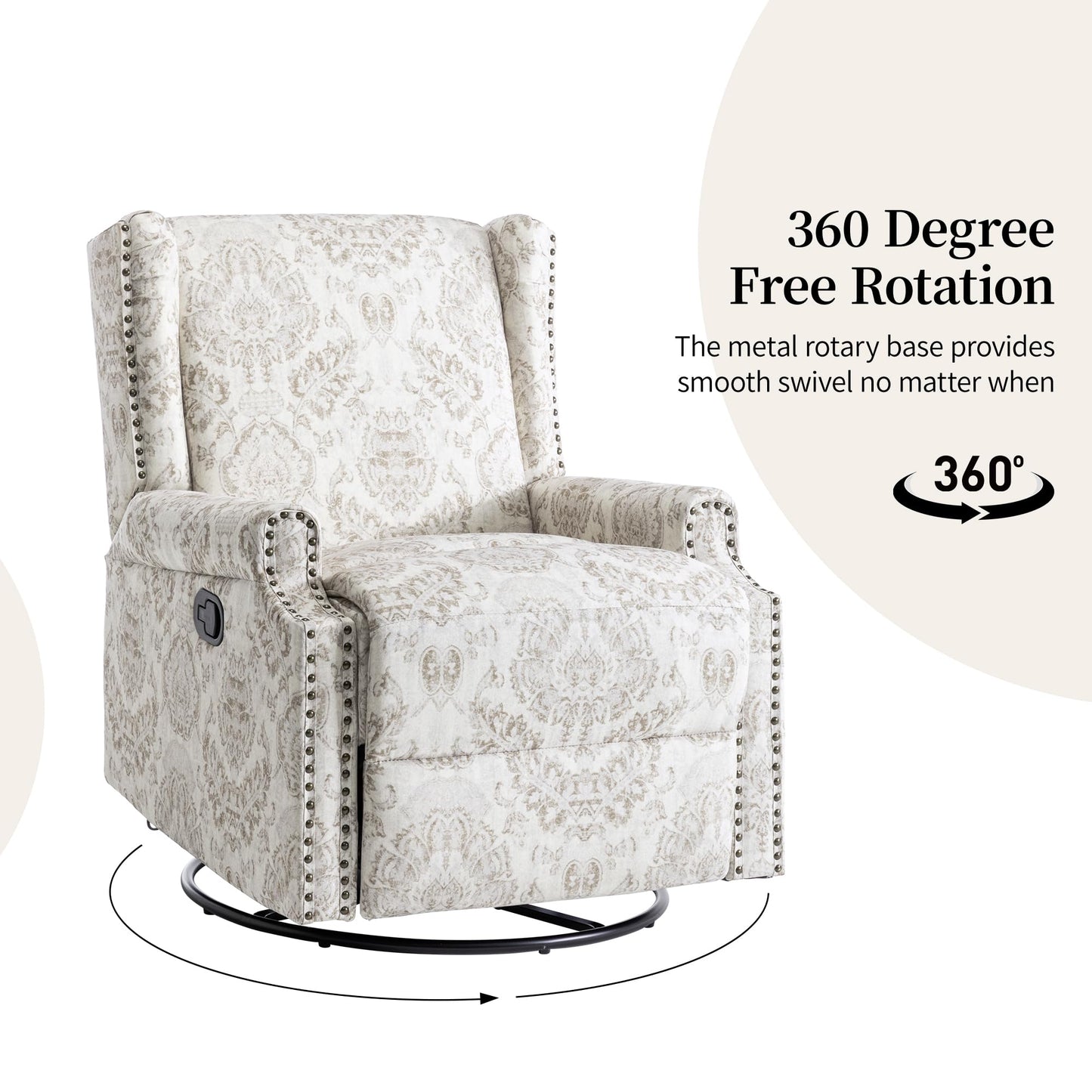Swivel Rocker Recliner Chair, 360° Swivel Wingback Recliner Chairs for Adults, Upholstered Printed Fabric Glider Rocking Chair with High Back, Deep Seat for Living Romm Bedroom, Bird