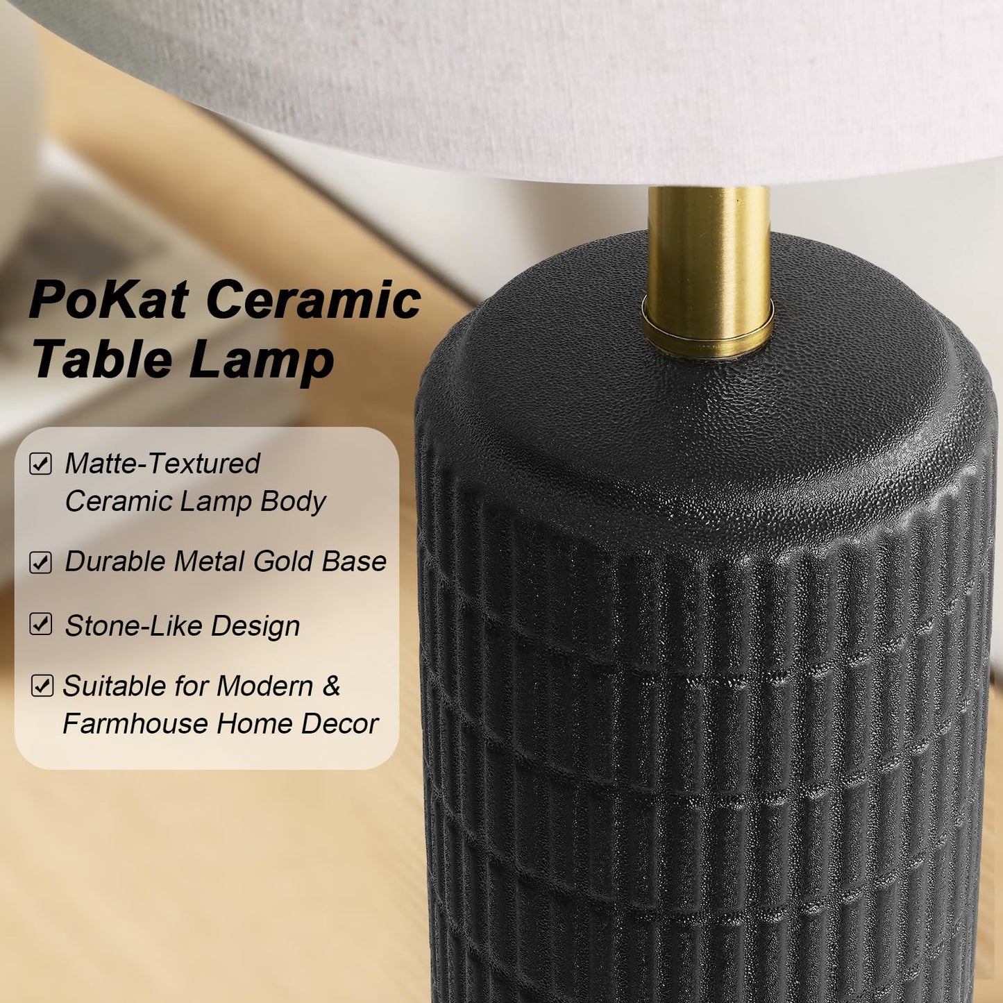 PoKat Small Bedside Table Lamps Set of 2 for Bedroom Living Room, 21.5'' Modern Ceramic Nightstand Lamps with Gold Base, Farmhouse Table Lamps for Office End Side Table Console, White and Beige