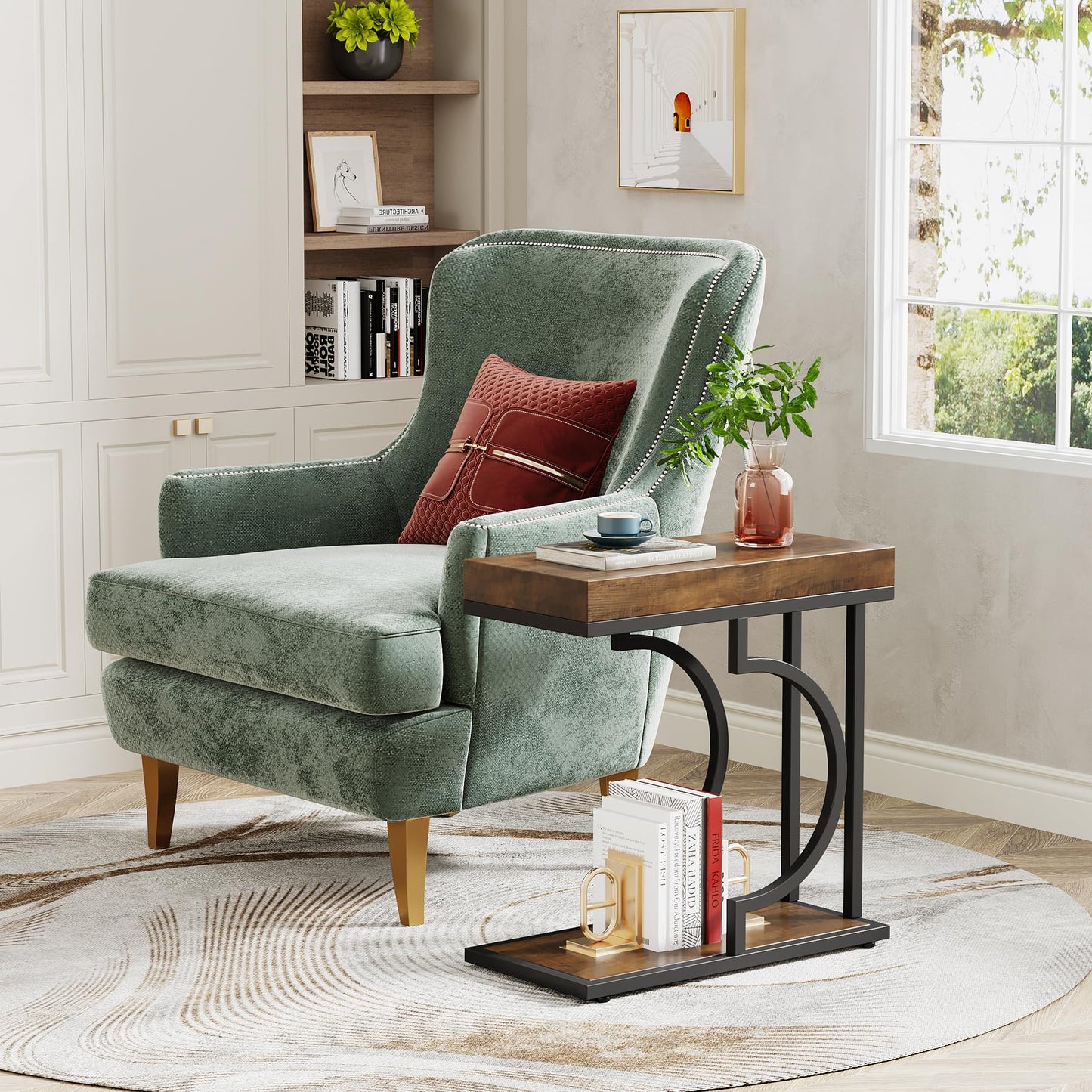 Tribesigns Narrow Side Table for Couch, C Shaped End Table with Metal Frame, Modern Bedside Tables, Small Sofa Tables for Small Spaces, Living Room (1, Brown+Black)