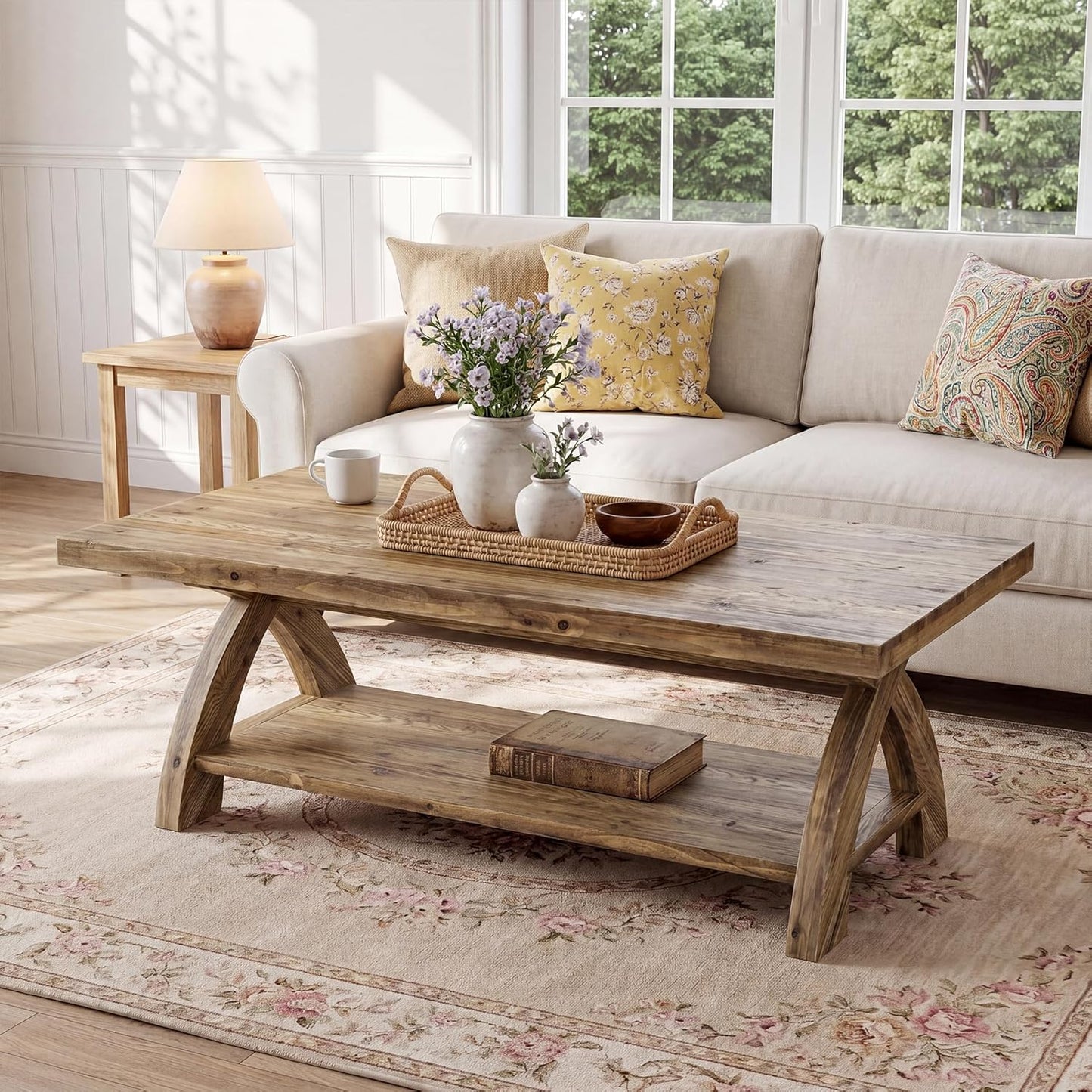 Solid Wood Coffee Table with Storage Shelf, Farmhouse Rectangular Center Table with X-Shaped Legs, Industrial Accent Cocktail Tables for Living Room