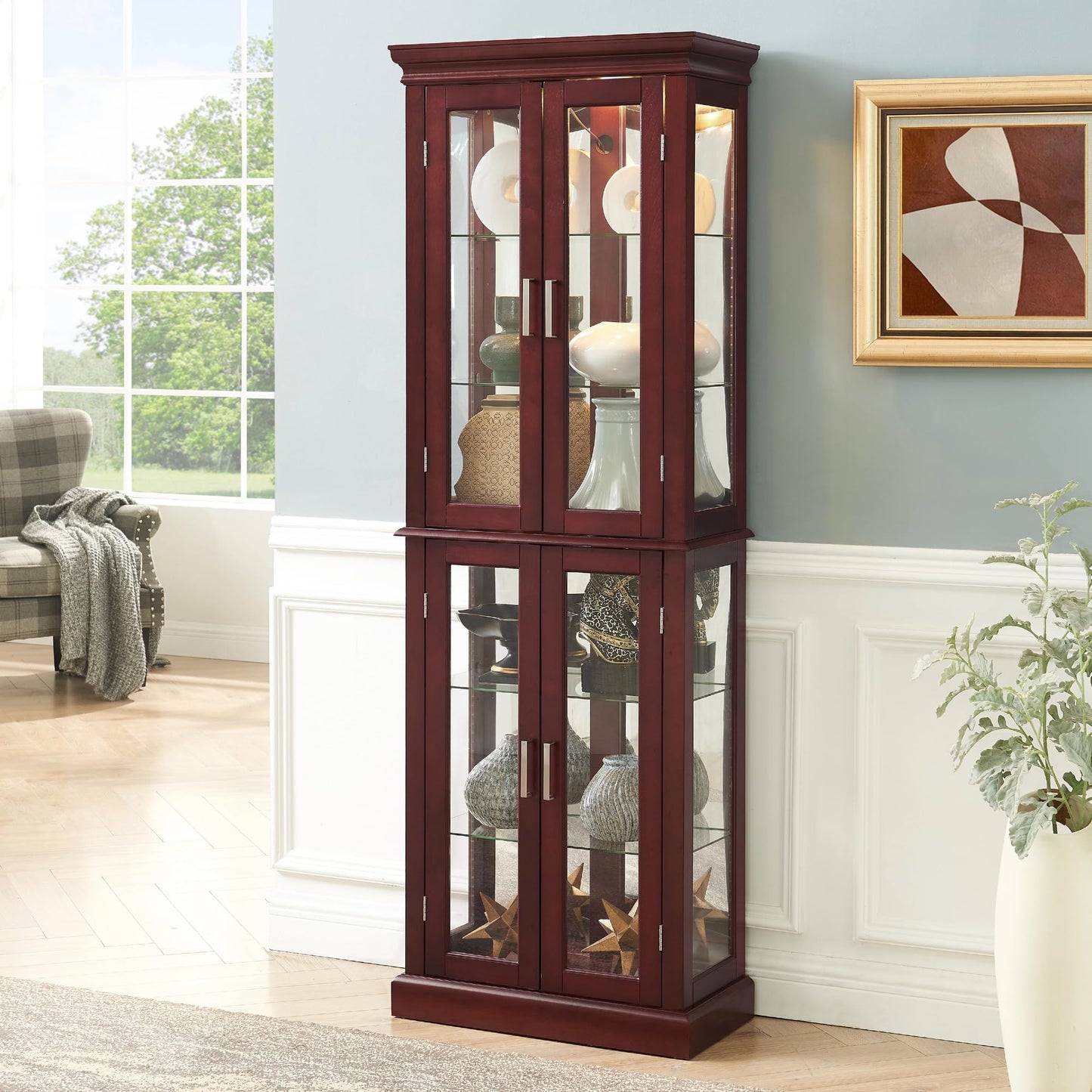 LKTART Curio Glass Display Cabinet with Lighted and Mirrored Back Panel,China Cabinets with Glass Doors,Tall Storage Cabinets with Adjustable Shelves for Curio Collectibles Storage(Cherry)