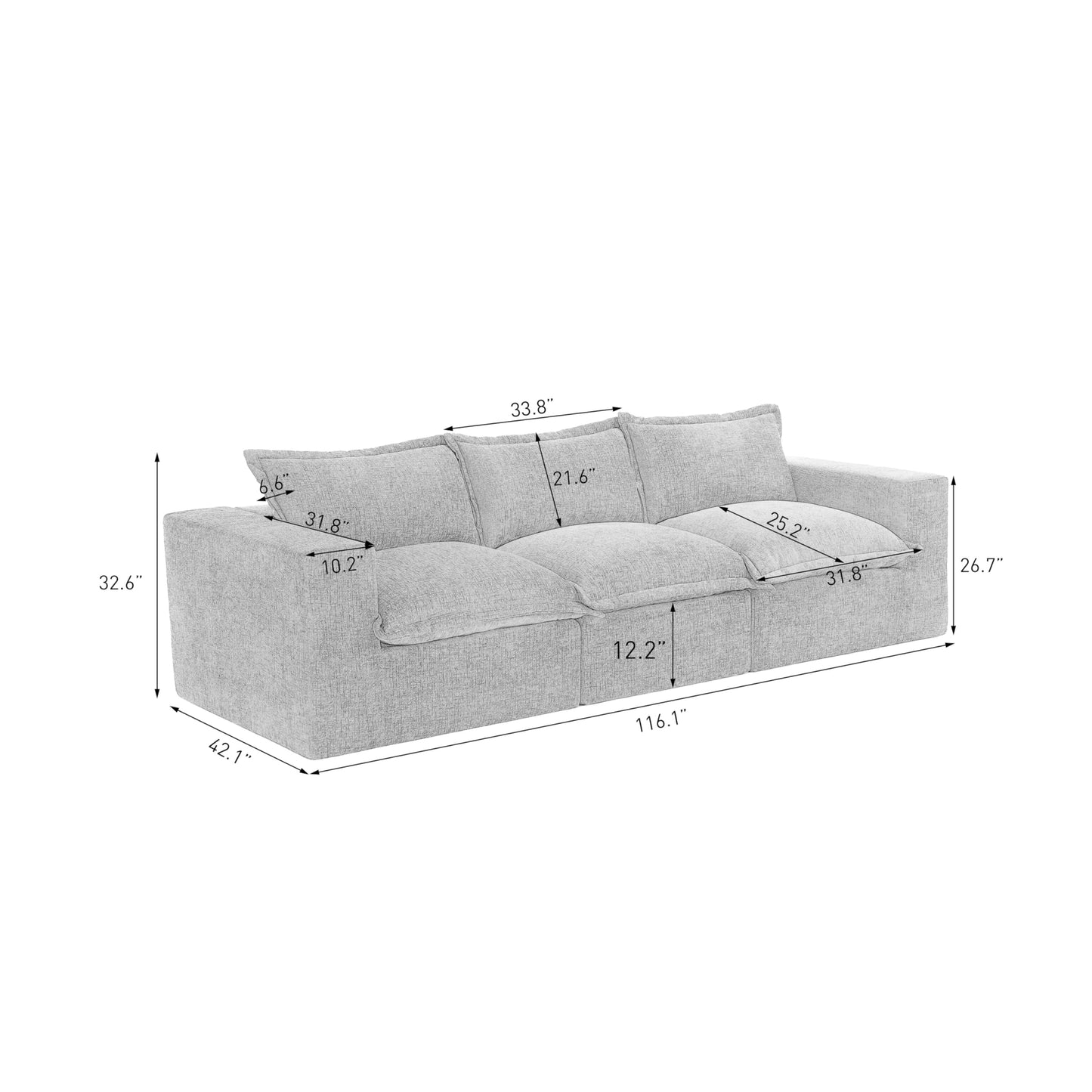 116" Modular Sectional Sofa, Comfy L Shaped Modular Coush Sofa with Ottoman, 3-Seat Chenille Cloud Couches Deep Seat Sofa for Living Room, Apartment, Small Spaces, Beige