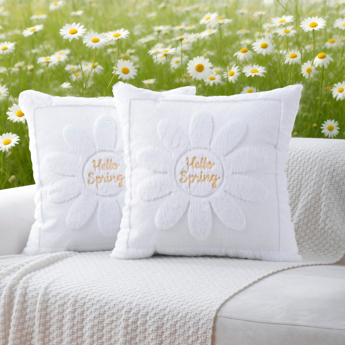 VAKADO Spring Summmer Decorative Throw Pillow Covers 18x18 Set of 2 Pink Couch Daisies Rhomboid Plush Velvet Square Cushion Cases Home Decor Gift for Sofa