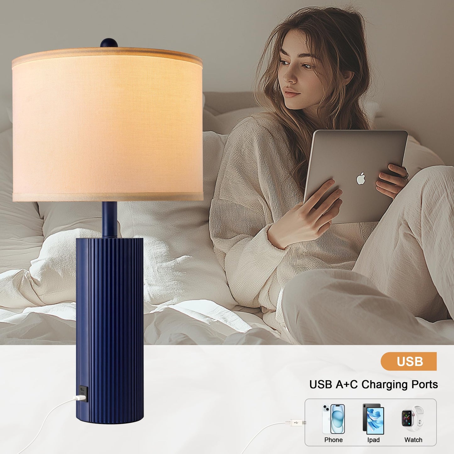 24.5" Black Lamps Set of 2, Modern Table Lamps for Living Room with USB C+A Ports, Creative Stripe Touch Lamps for Nightstand, 2 Bulbs Included