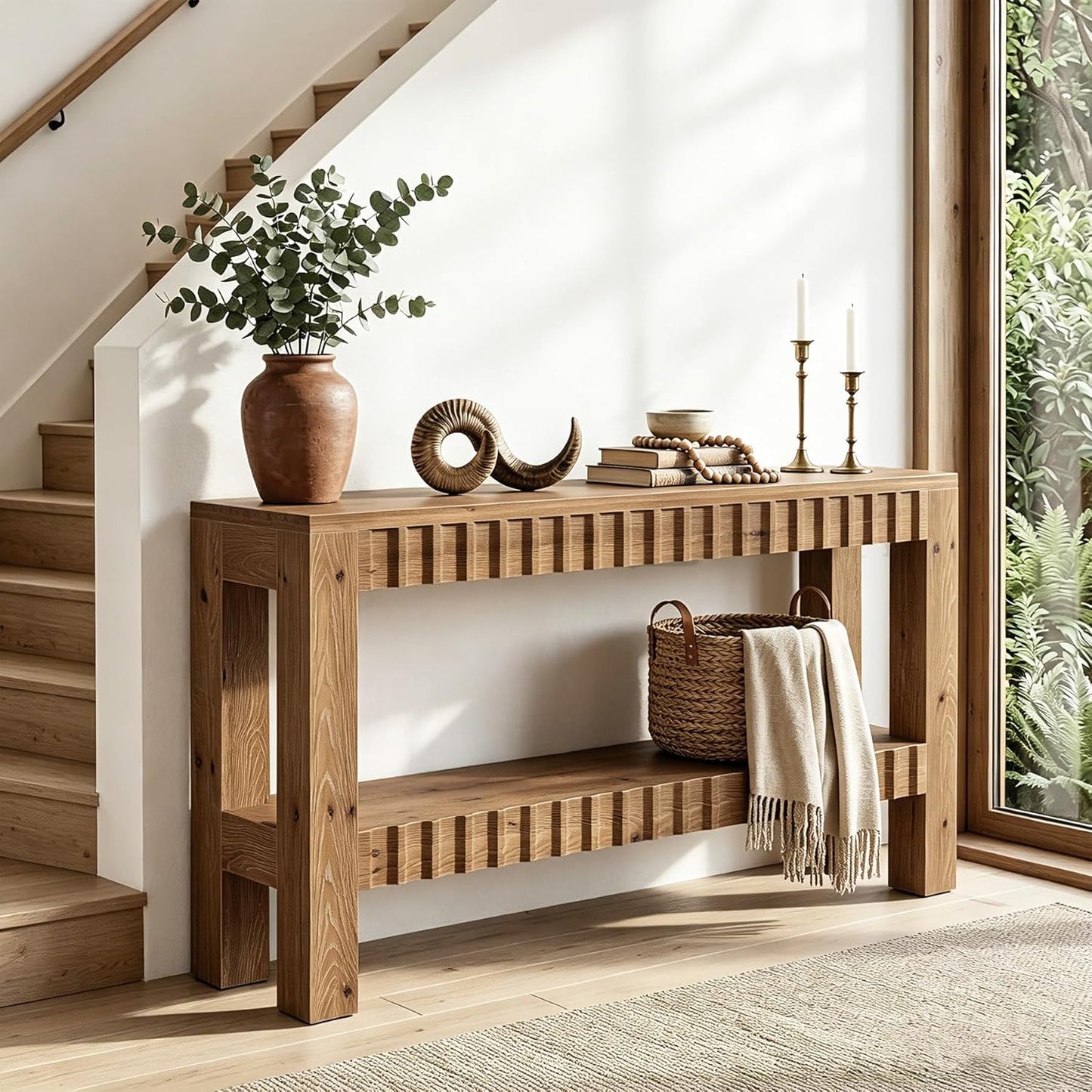 Solid Wood Console Table, 63" Farmhouse Wooden Entryway Table with Fluted Deign, 2-Tier Rectangular Narrow Sofa Table Behind Couch for Entryway, Hallway, Living Room, Rustic Brown