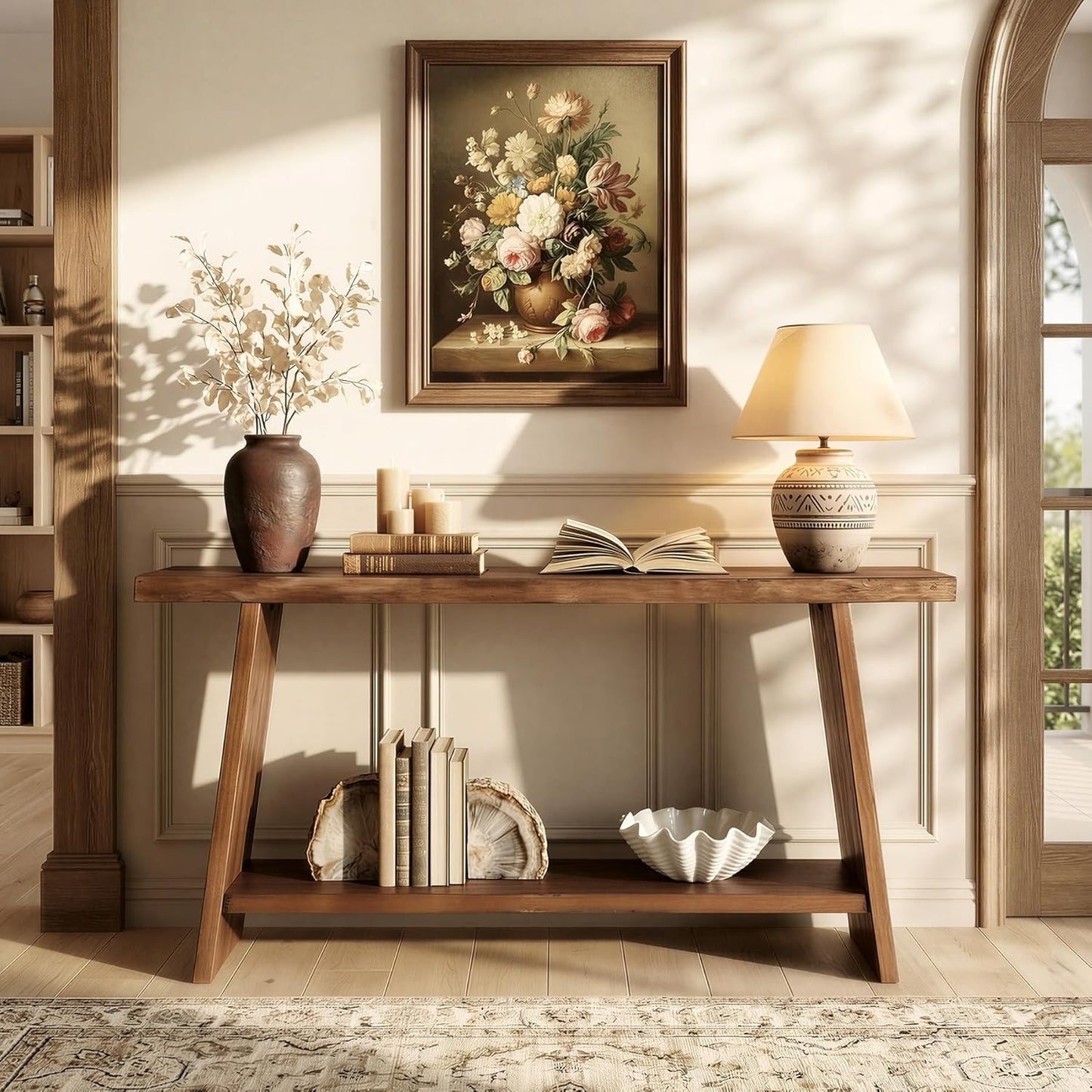 Solid Wood Console Table, 62.99" Entryway Table with Storage Shelf, 2 Tiers Narrow Skinny Sofa Table for Hallway, Entrance, Living Room, Brown
