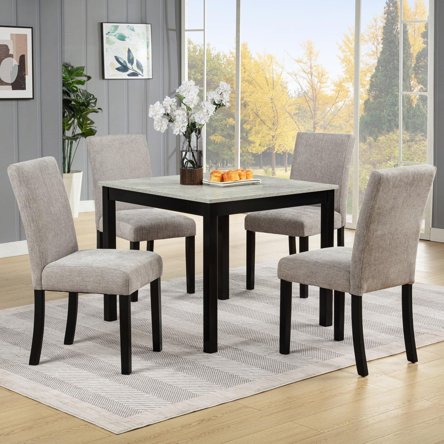 LKTART 5-Piece Kitchen & Dining Room Table and Chairs Sets,Small Square Kitchen Table with 4 Upholstered XX-Shaped Backrest Chairs,Walnut