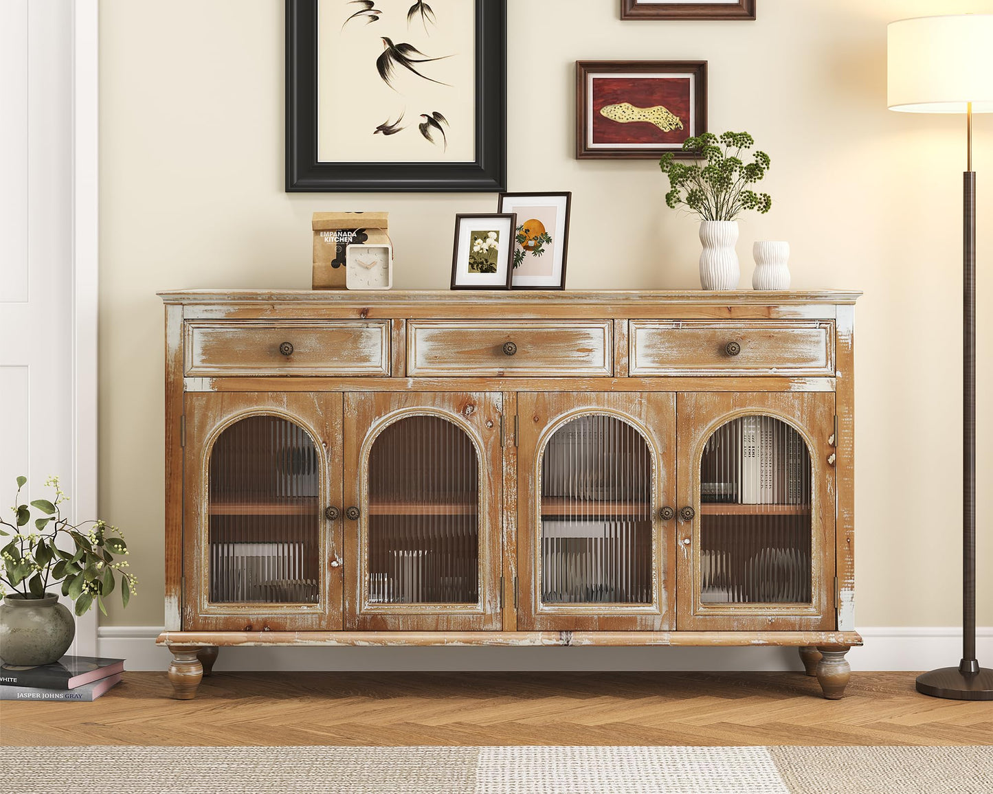 LKTART 60" Farmhouse Sideboard Buffet,Solid Fir Wood Frame with Hollowed-Out Carved Doors,Hand-Distressed Design,Versatile Storage Cabinet for Kitchen, Living Room,Natural Wood